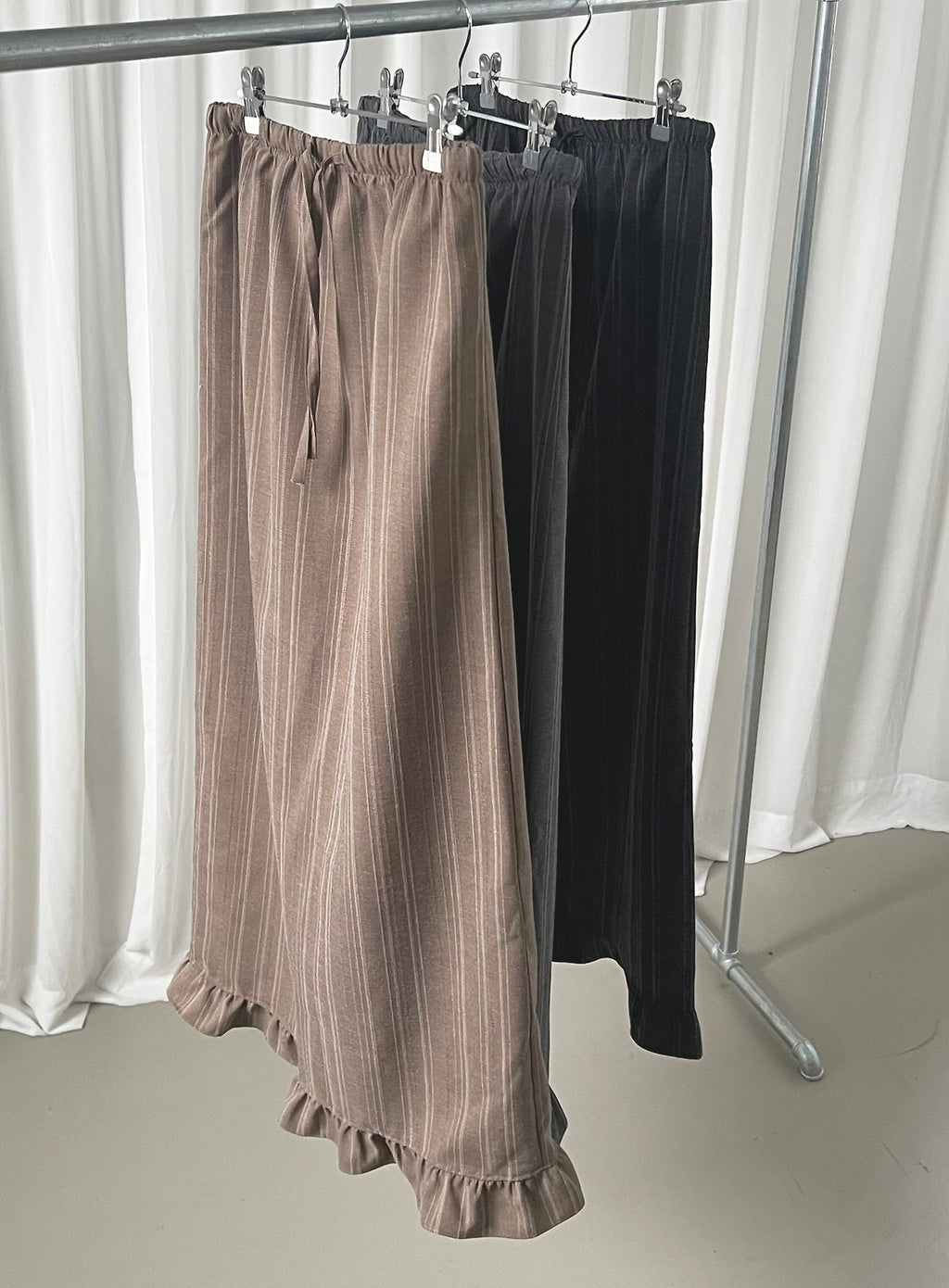 Pinstripe Maxi Skirt with Contrast Waist Band and Ruffle Hem