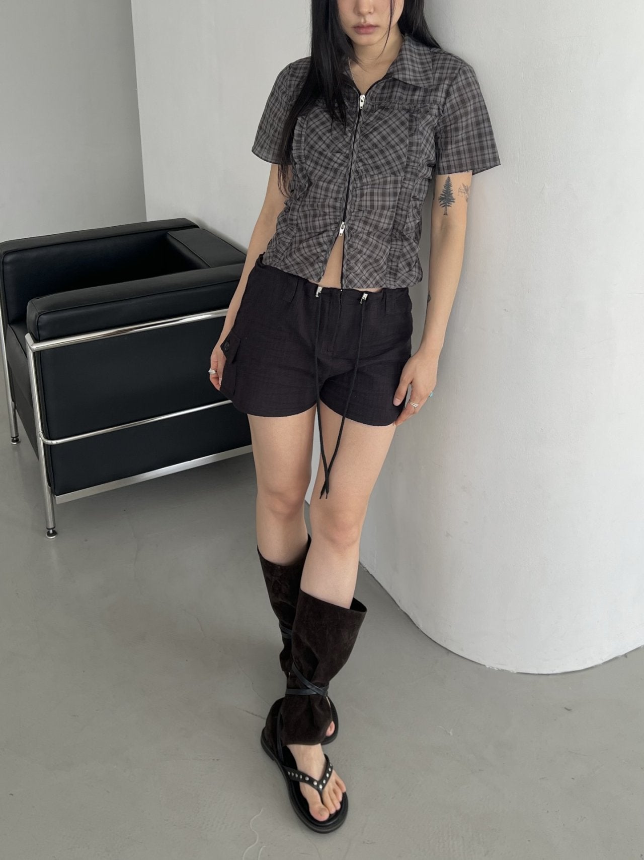 ASKHAKI Check Ruffle Double Zip Cropped Short Sleeve Shirt