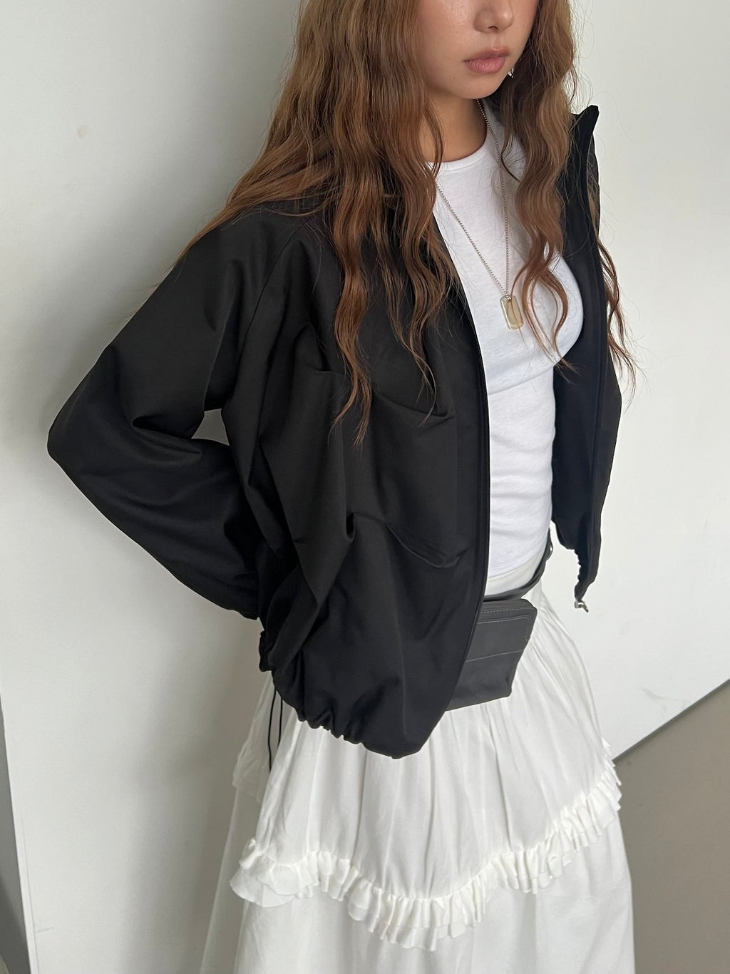 Stand Collar Full Zip Cropped Jacket with Pleated Panel Detail