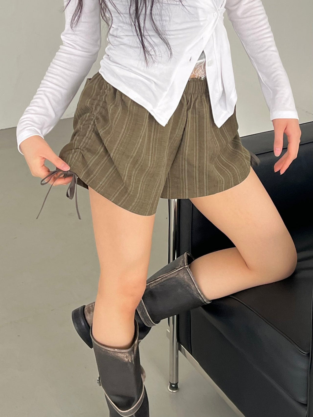 ASKHAKI Stripe Side Ruffle Drawstring Bow Elastic Waist Shorts