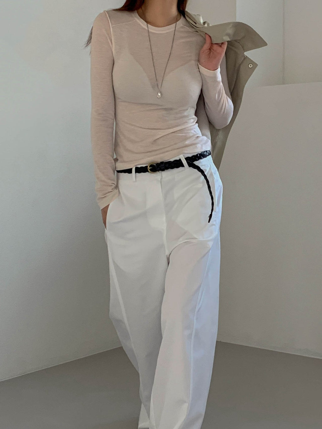 Moment curved seam wide leg pants in Light Khaki, front view close-up seam detail