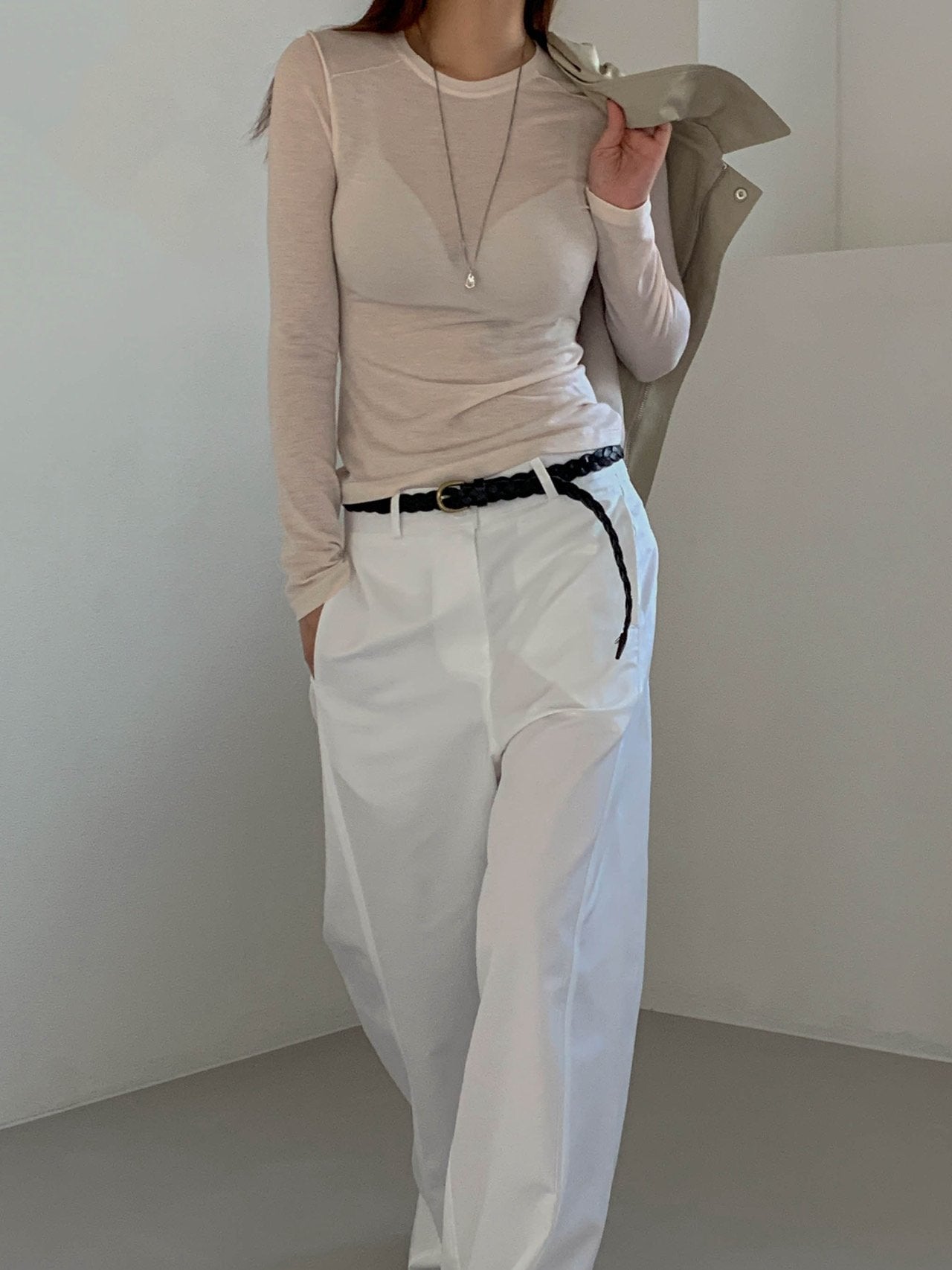 Moment curved seam wide leg pants in Light Khaki, front view close-up seam detail