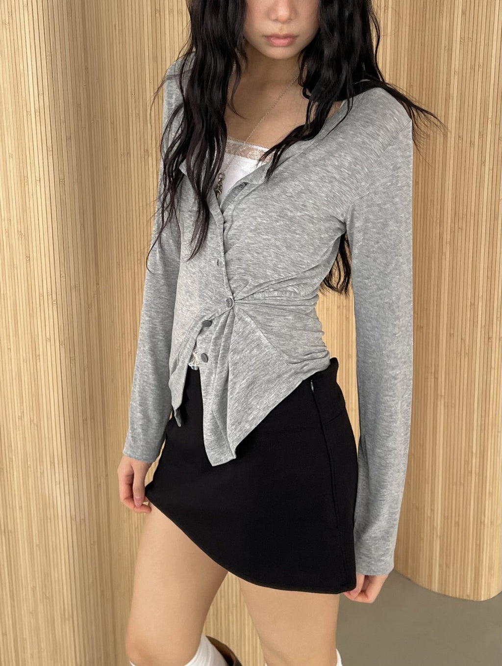 ASKHAKI Button-Front Drawstring Cropped Long Sleeve Cardigan