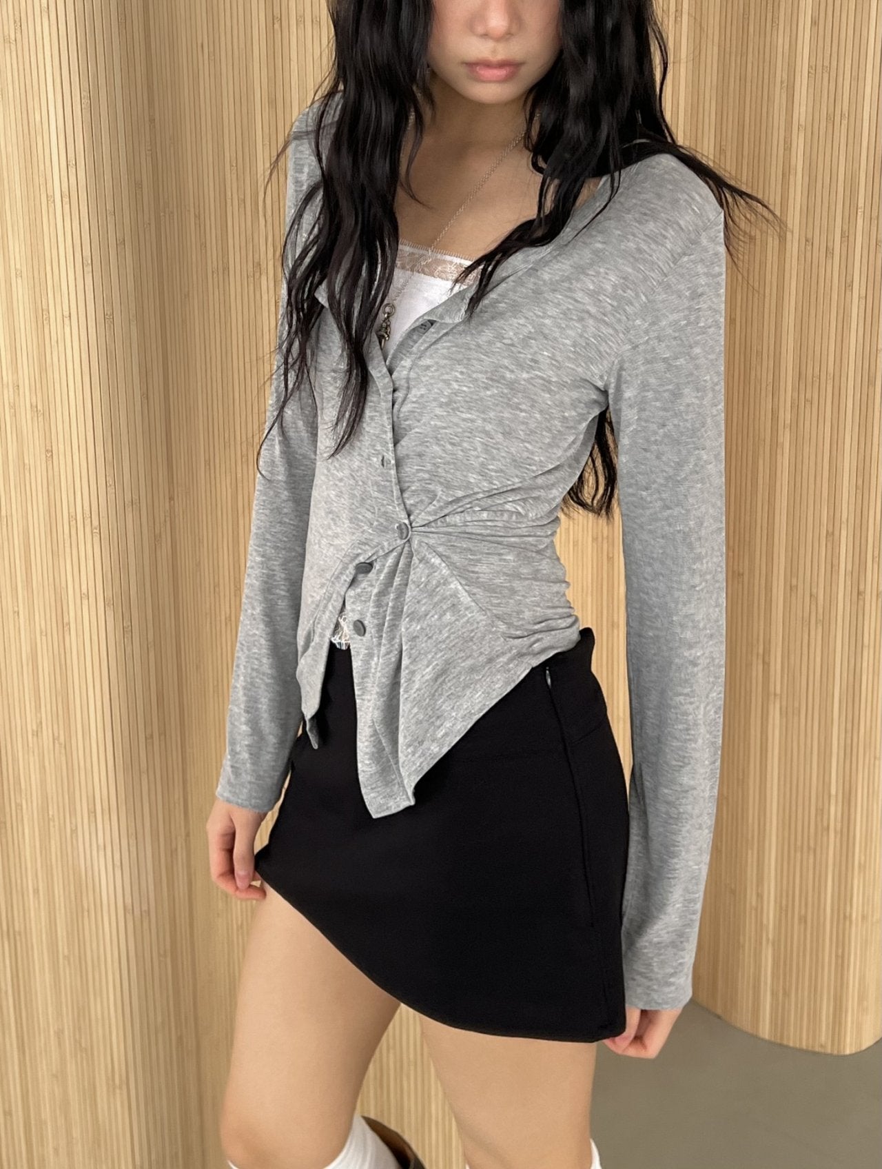 ASKHAKI Button-Front Drawstring Cropped Long Sleeve Cardigan