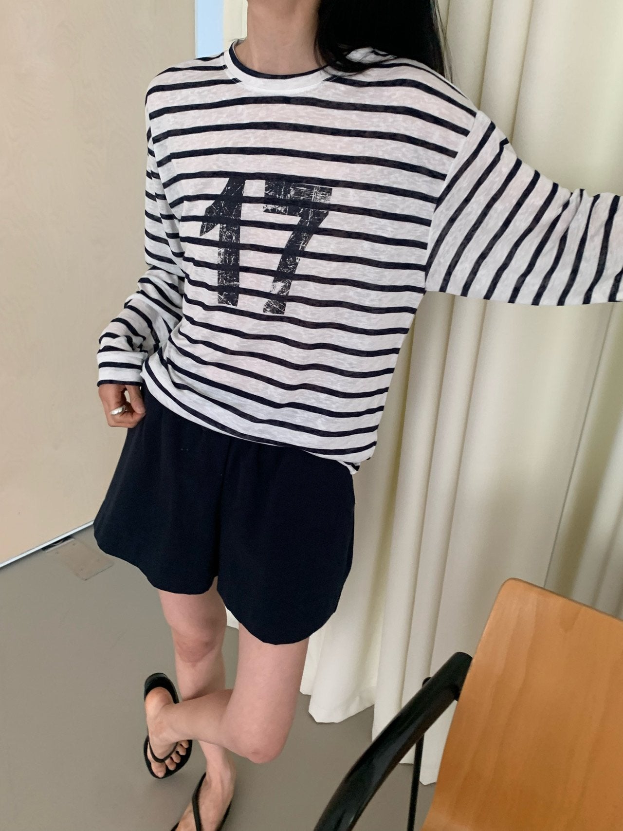 VAARA Number 17 Stripe Oversized Crew Neck Long Sleeve T-Shirt