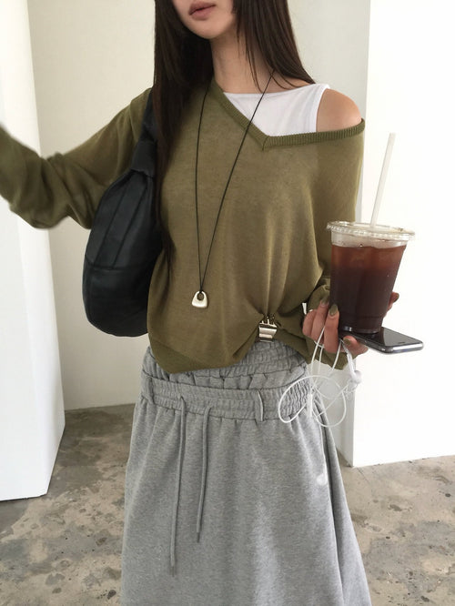 Nweol V-Neck Drop Shoulder Oversized Knit Sweater