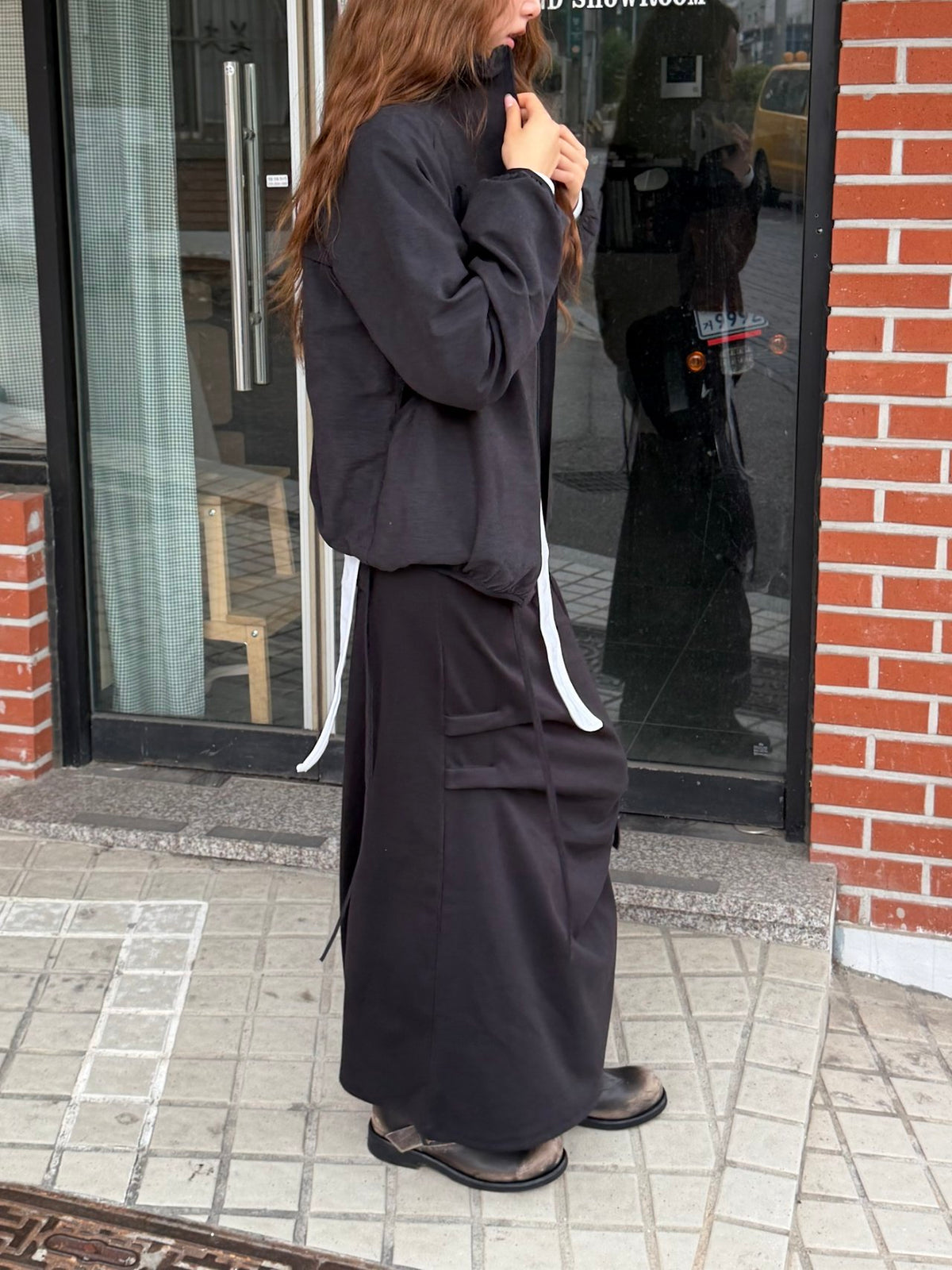 Drawstring Waist Maxi Cargo Pocket Apron Skirt