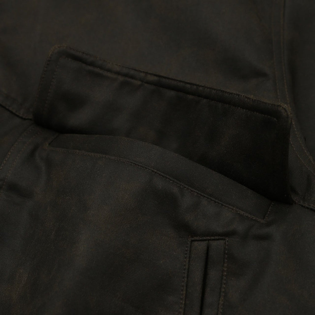 Khaki brown crackle Harrington jacket collar and front fastening