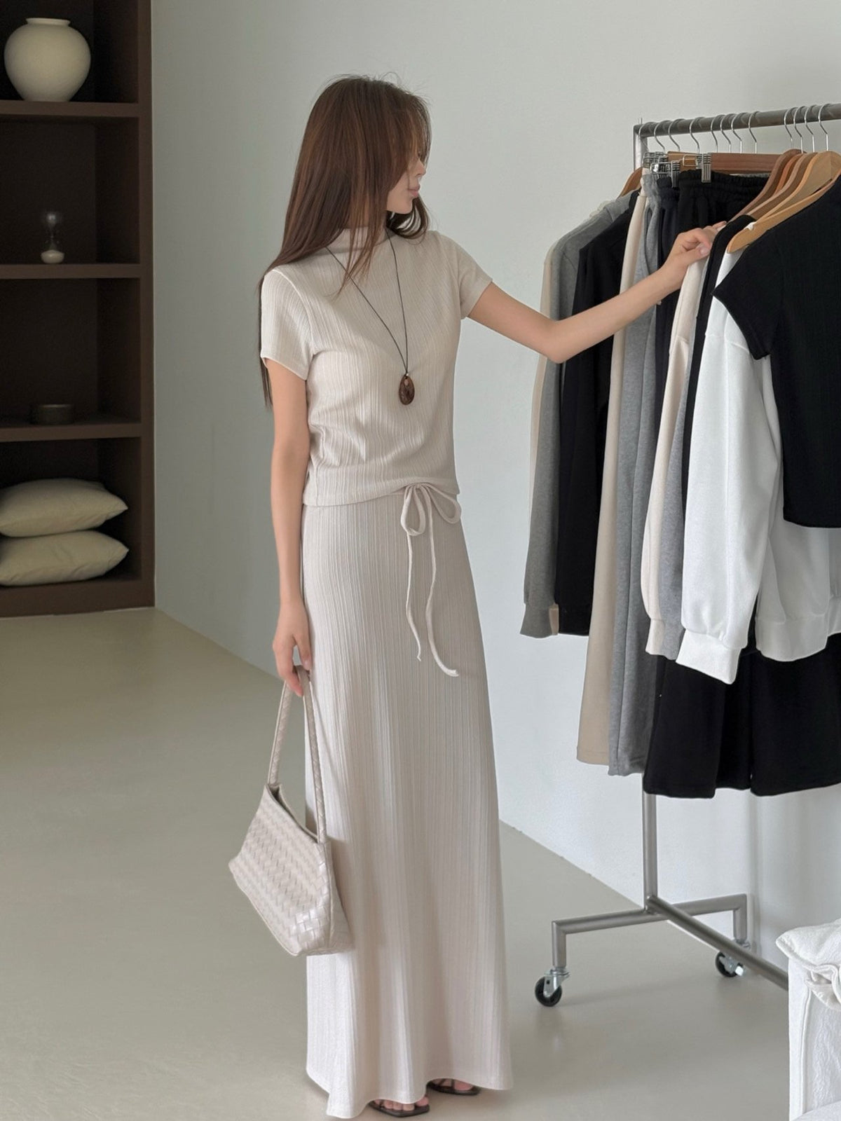 Cream short-sleeve mock neck top and drawstring pleated maxi skirt set