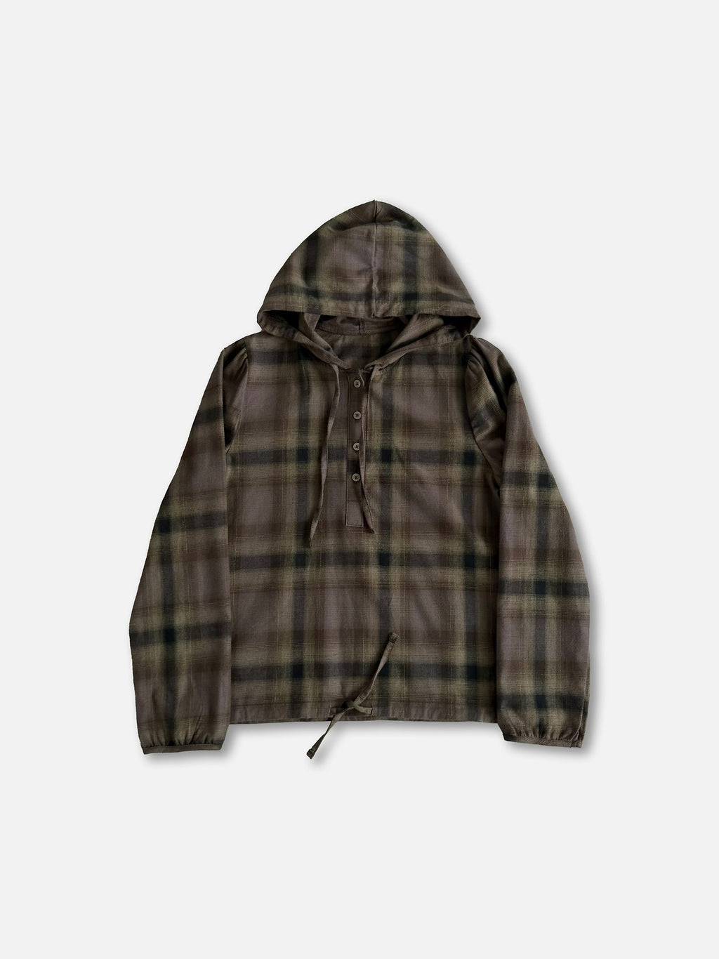 Check Pullover Hooded Shirt with Drawstring Hem