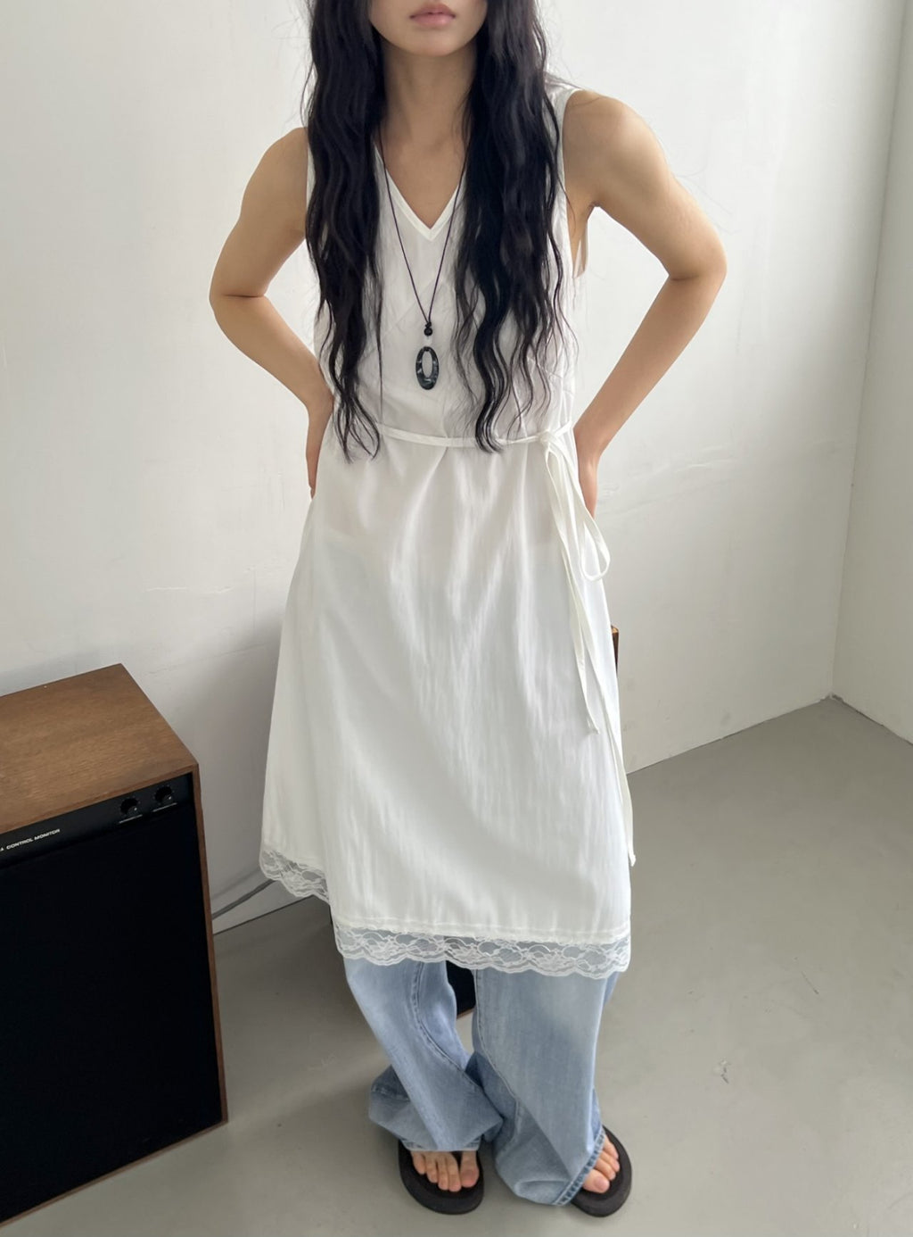 ASKHAKI  Lace Hem Side Tie Sleeveless Long Dress