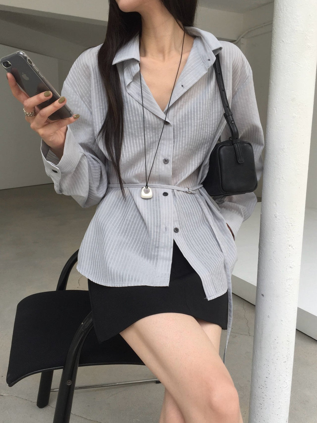 Stripe Texture Button-Down Shirt with Drawstring Waist