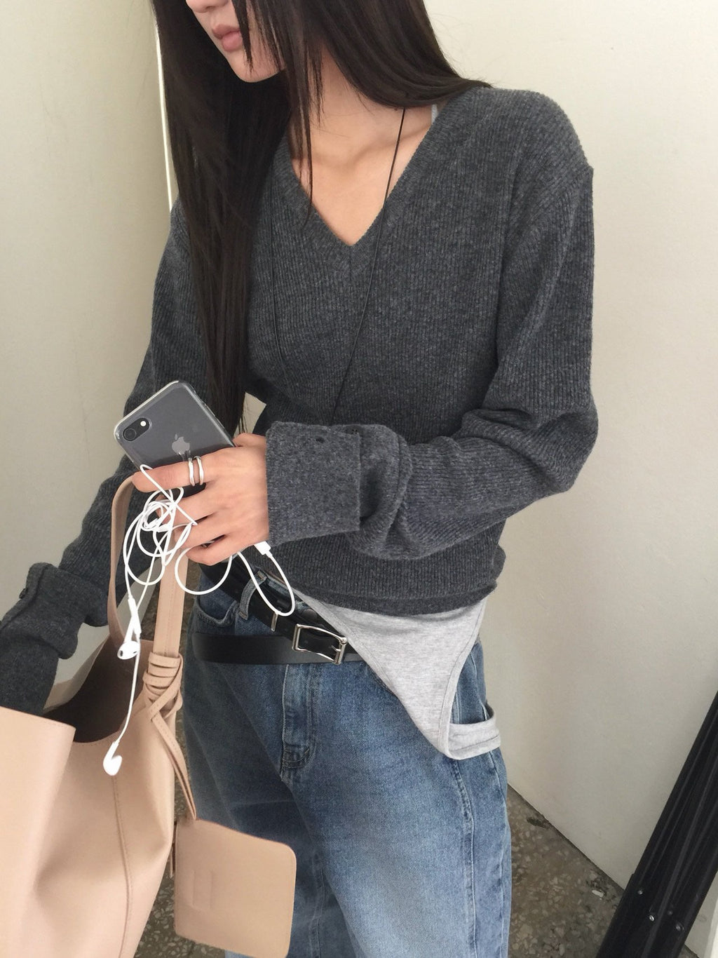 Nweol V-Neck Knit Sweater with Button Cuffs