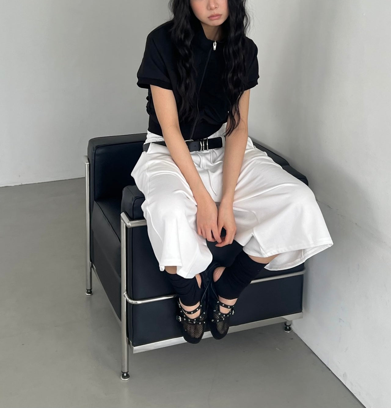 ASKHAKI Cooling Shirred Stand Collar Cropped Zip-Up