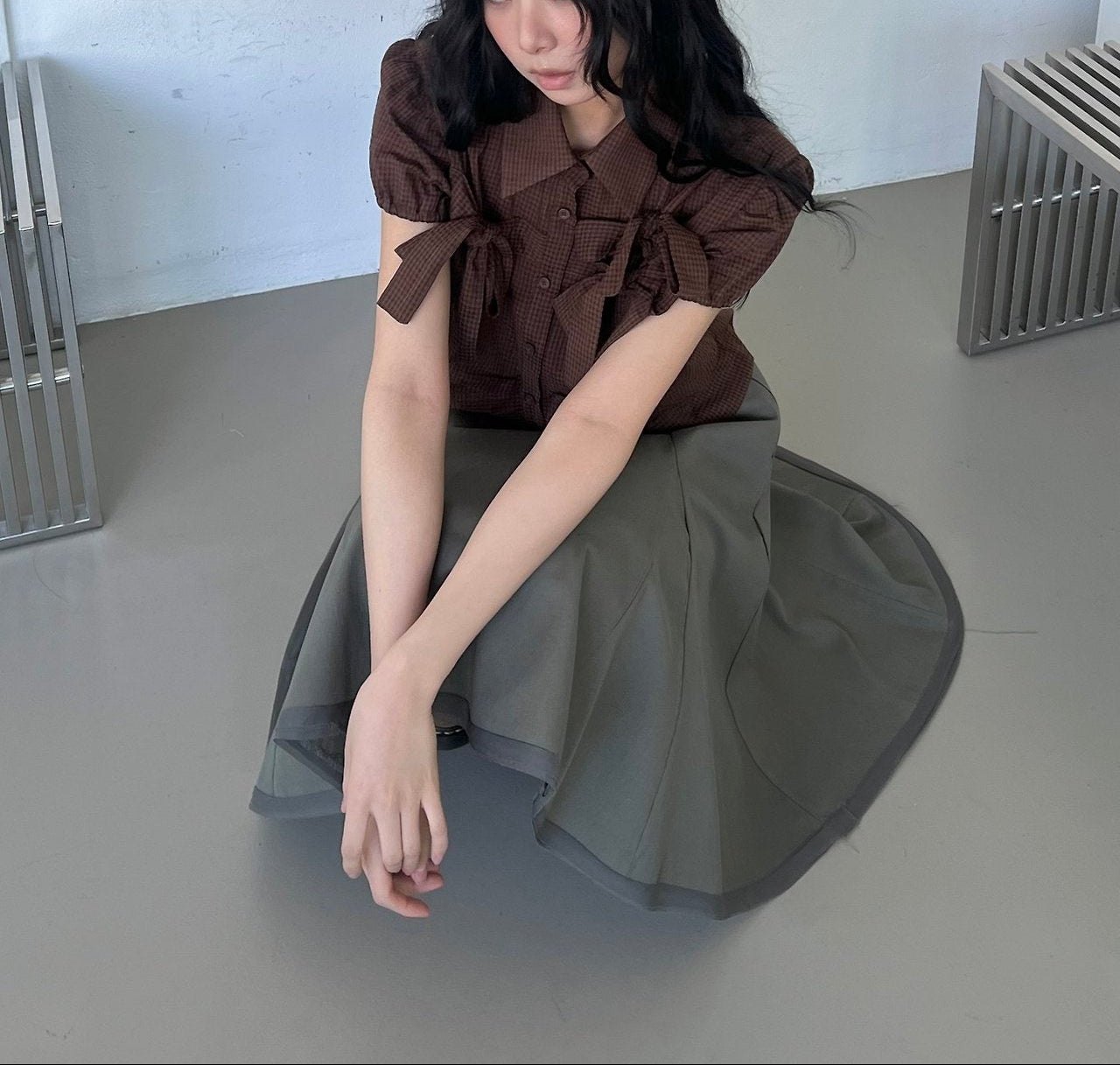 ASKHAKI Ribbon Bow Puff Sleeve Cropped Shirt Blouse