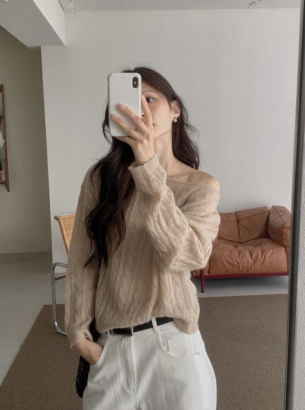 Wide Boat Neck Cable Knit Sweater