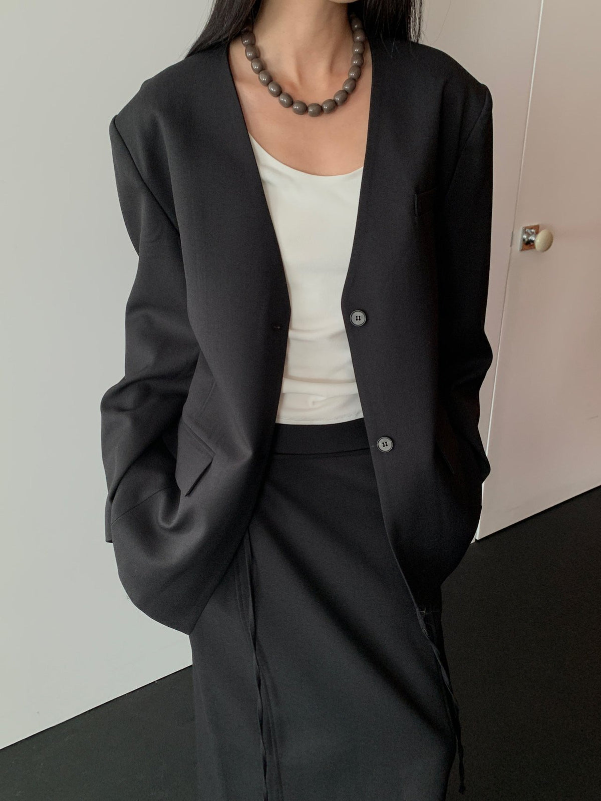 Khaki Brown collarless jacket front view