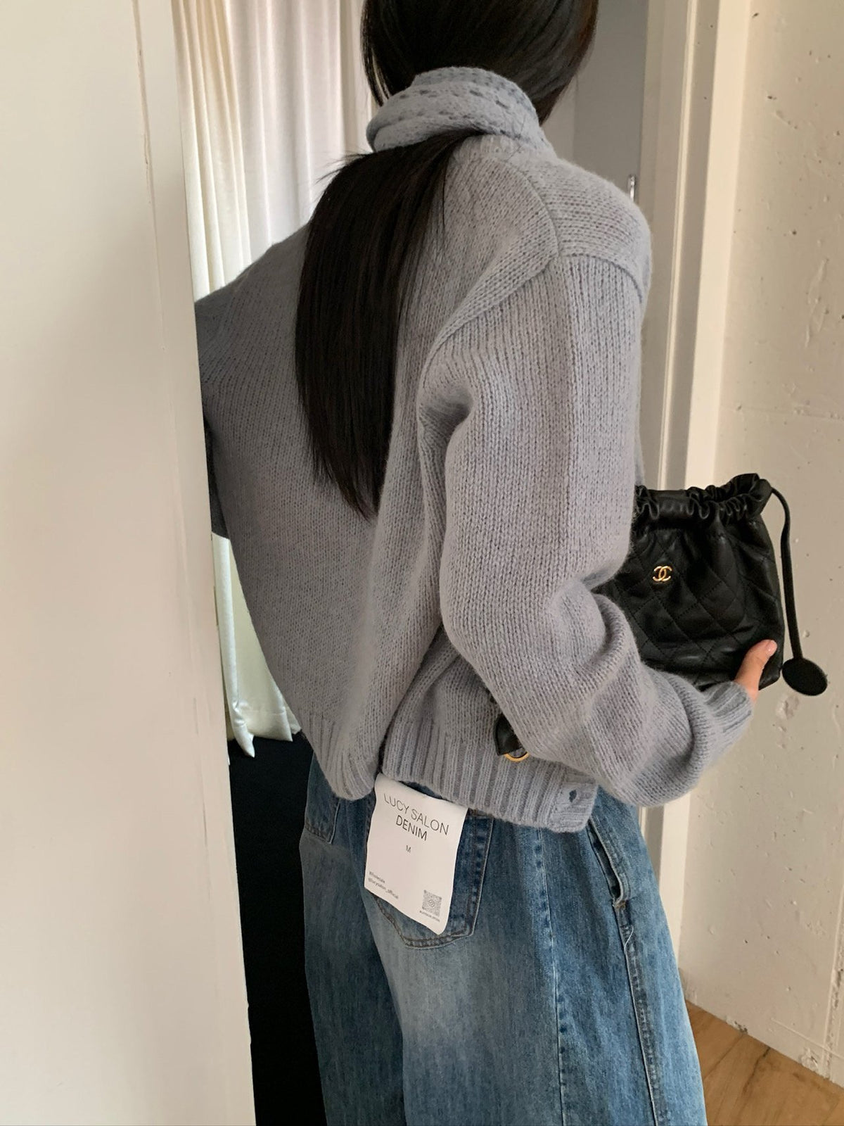 Light Blue cardigan and scarf set styled with jeans