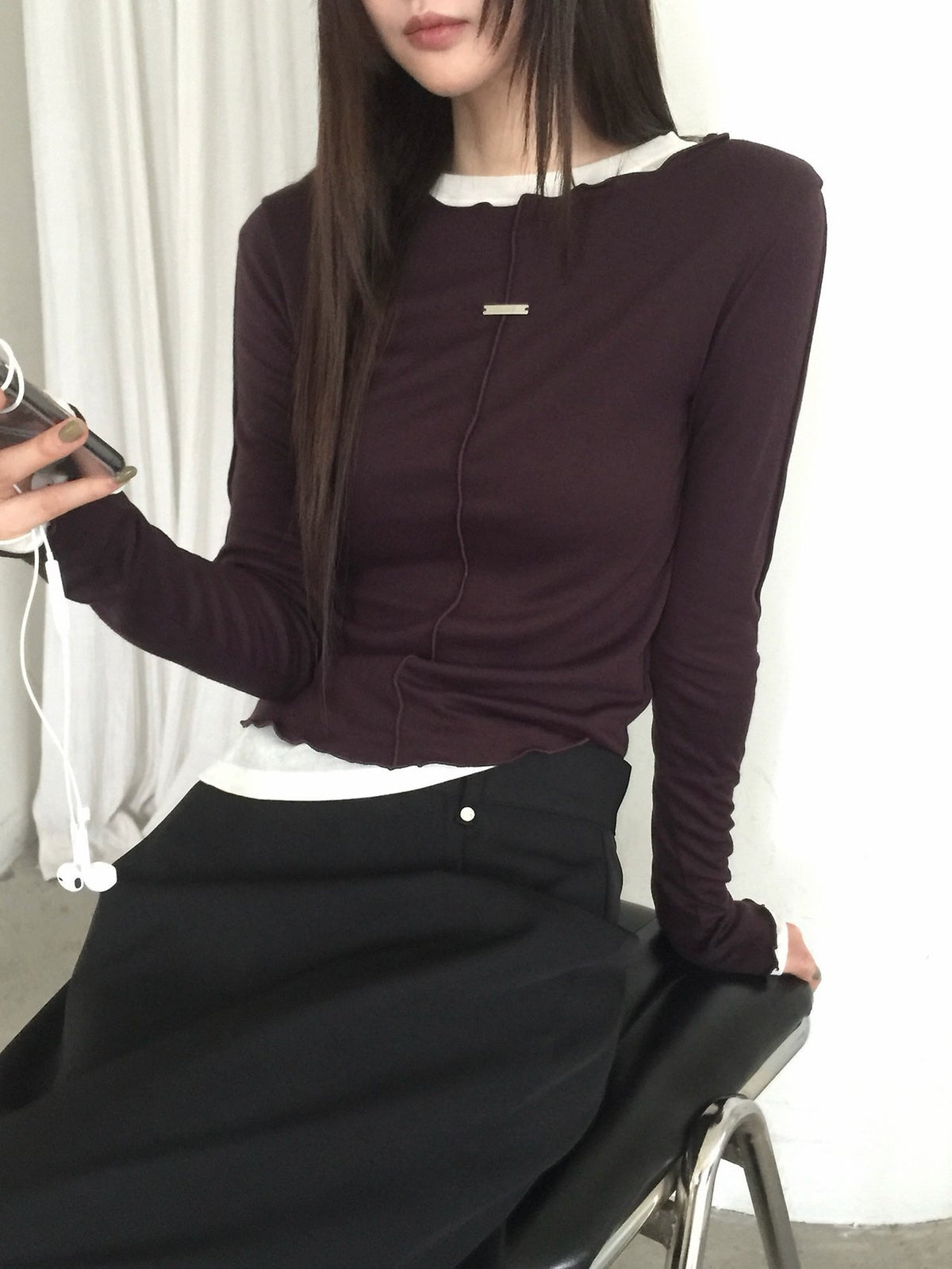 Frill Neck Seam Detail Fitted Long Sleeve Top