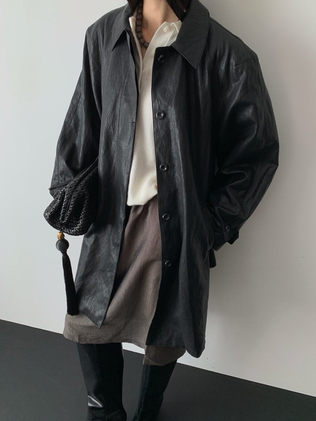 Beige leather-look shirt jacket button cuff detail