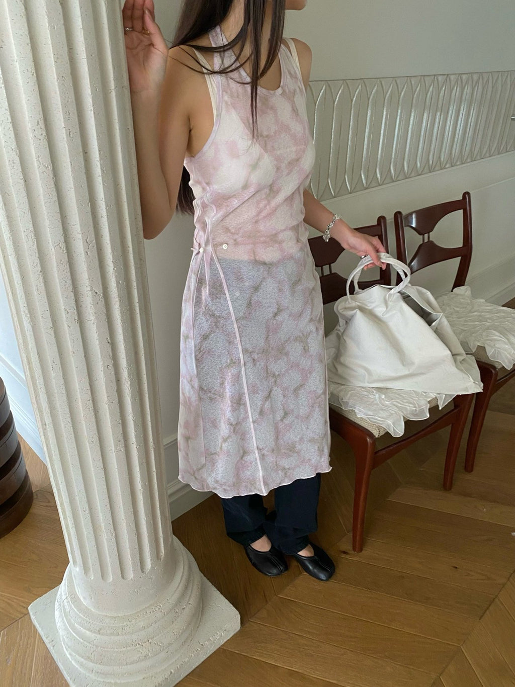 OUPPT Floral Print Halter Neck Midi Dress with Side Tie & Lettuce Hem