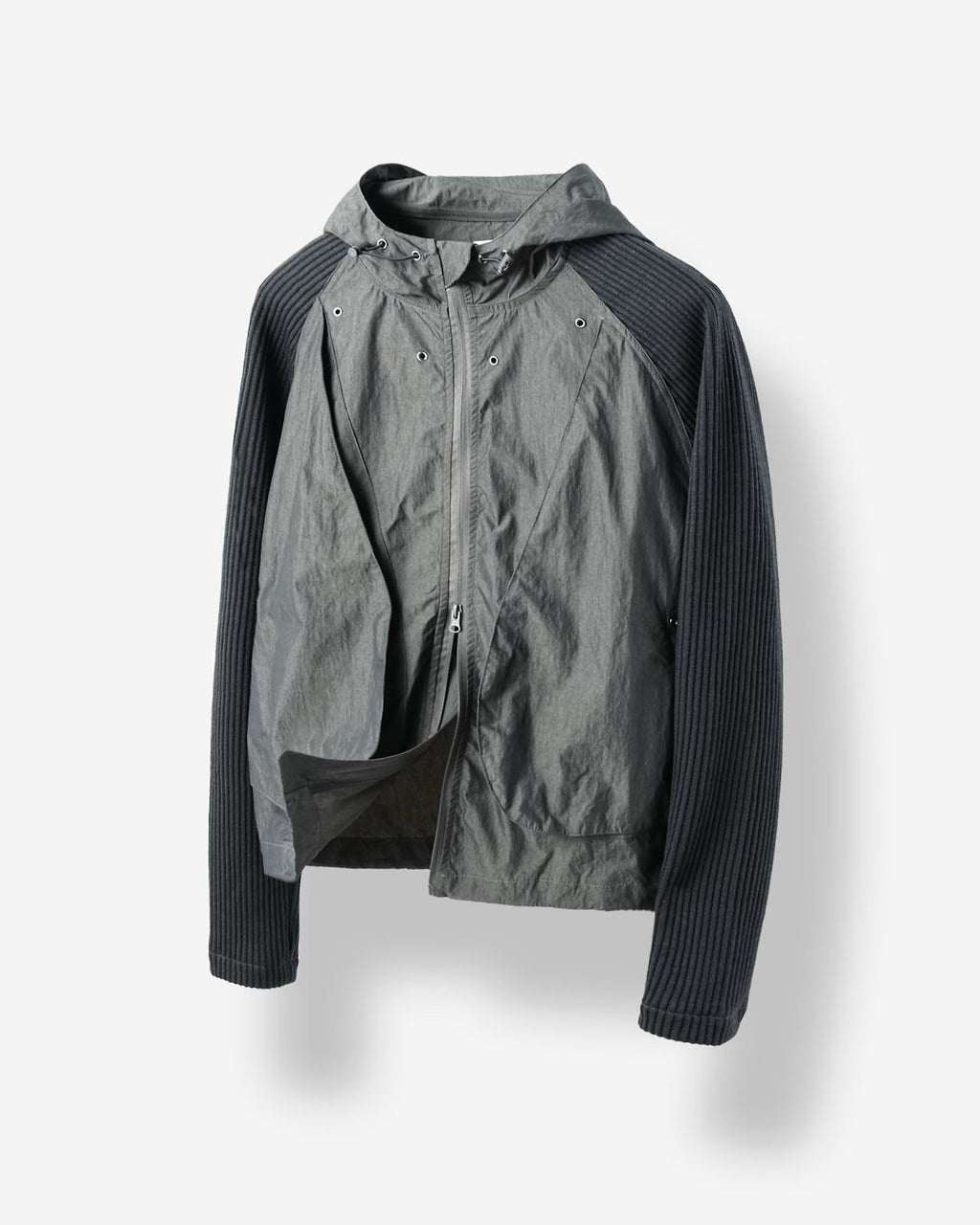 Hooded Windbreaker Jacket with Ribbed Knit Sleeves