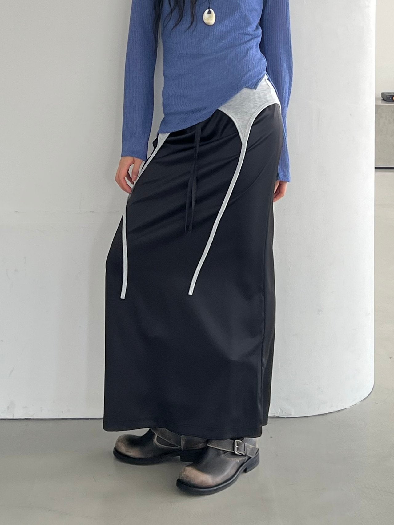 ASKHAKI Contrast Piping Drawstring Wide Leg Long Skirt