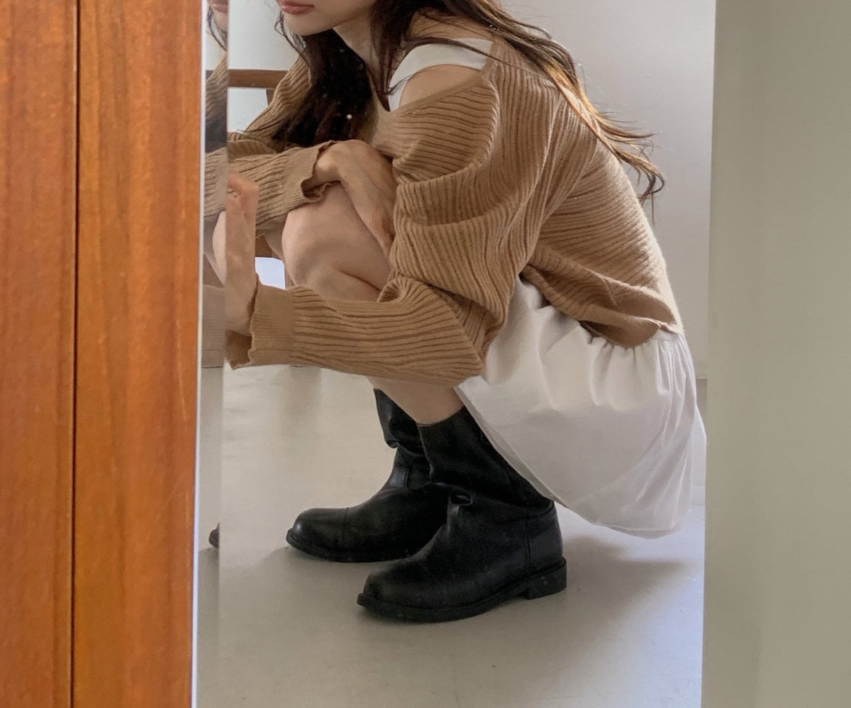 Oversized Wide Boat Neck Cropped Rib Knit Top