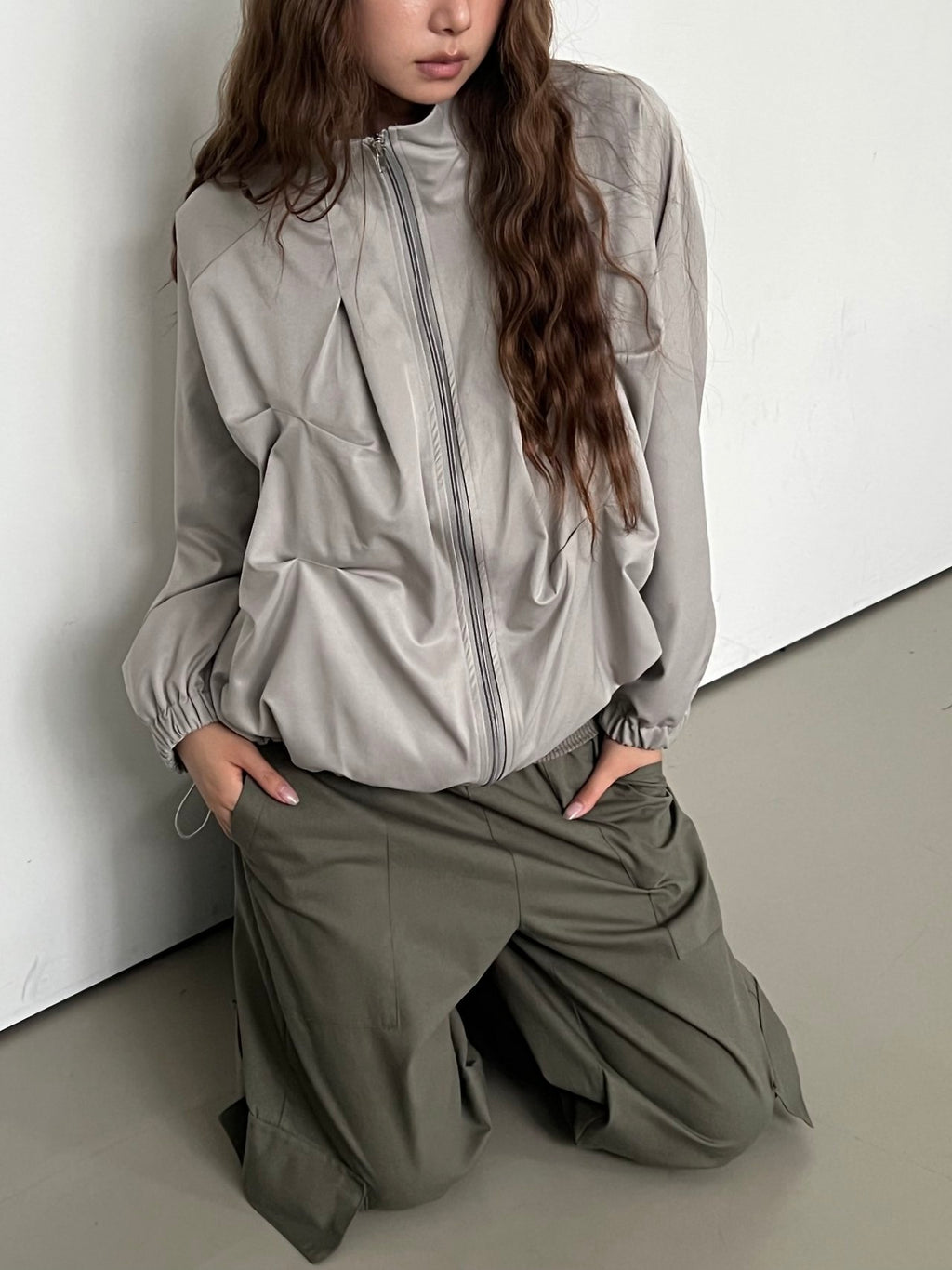 Stand Collar Full Zip Cropped Jacket with Pleated Panel Detail