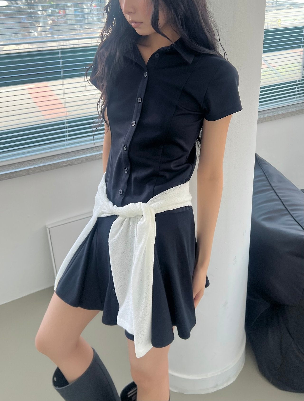 ASKHAKI Shirt Collar Button Front Pleated Flare Mini Dress