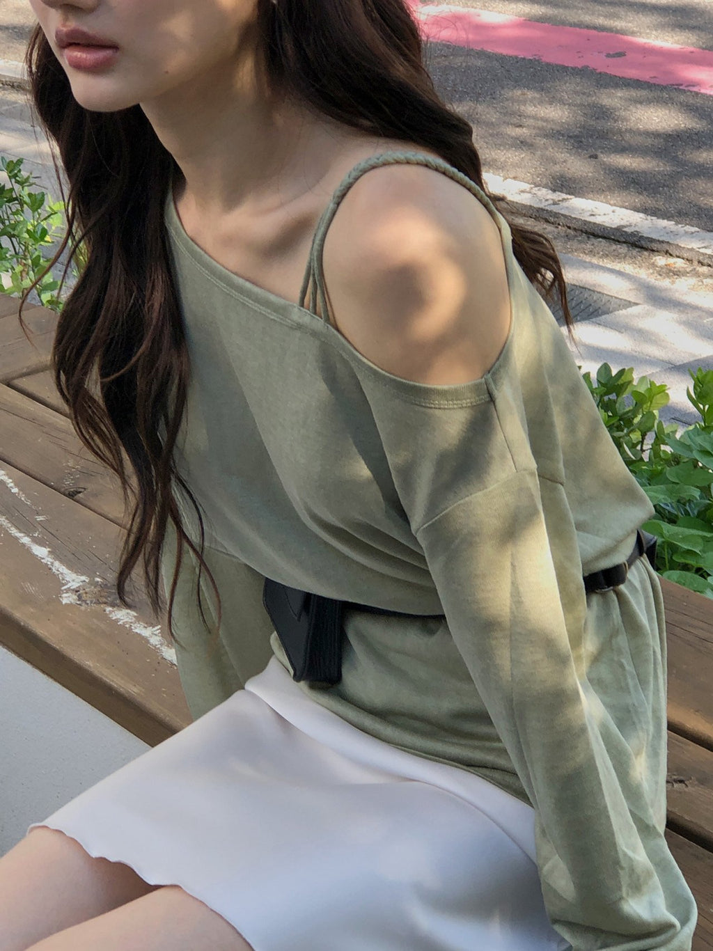 Off Shoulder Strap Detail Long Sleeve Top