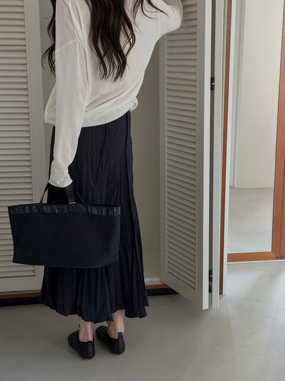 Elastic Waist Crinkle Texture Maxi Flare Skirt