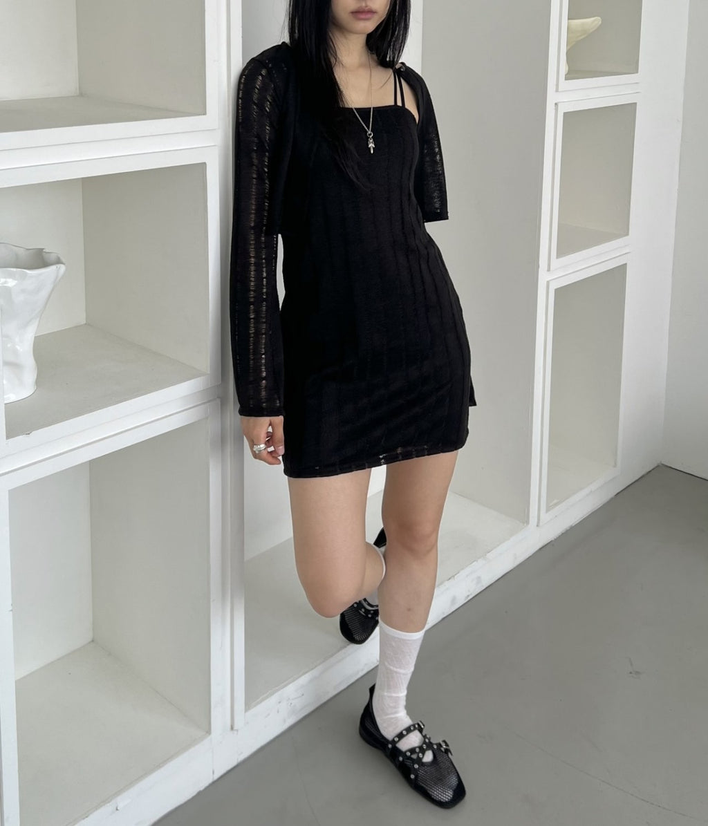 ASKHAKI Hole Knit Open-Front Cardigan & Square Neck Mini Dress Set
