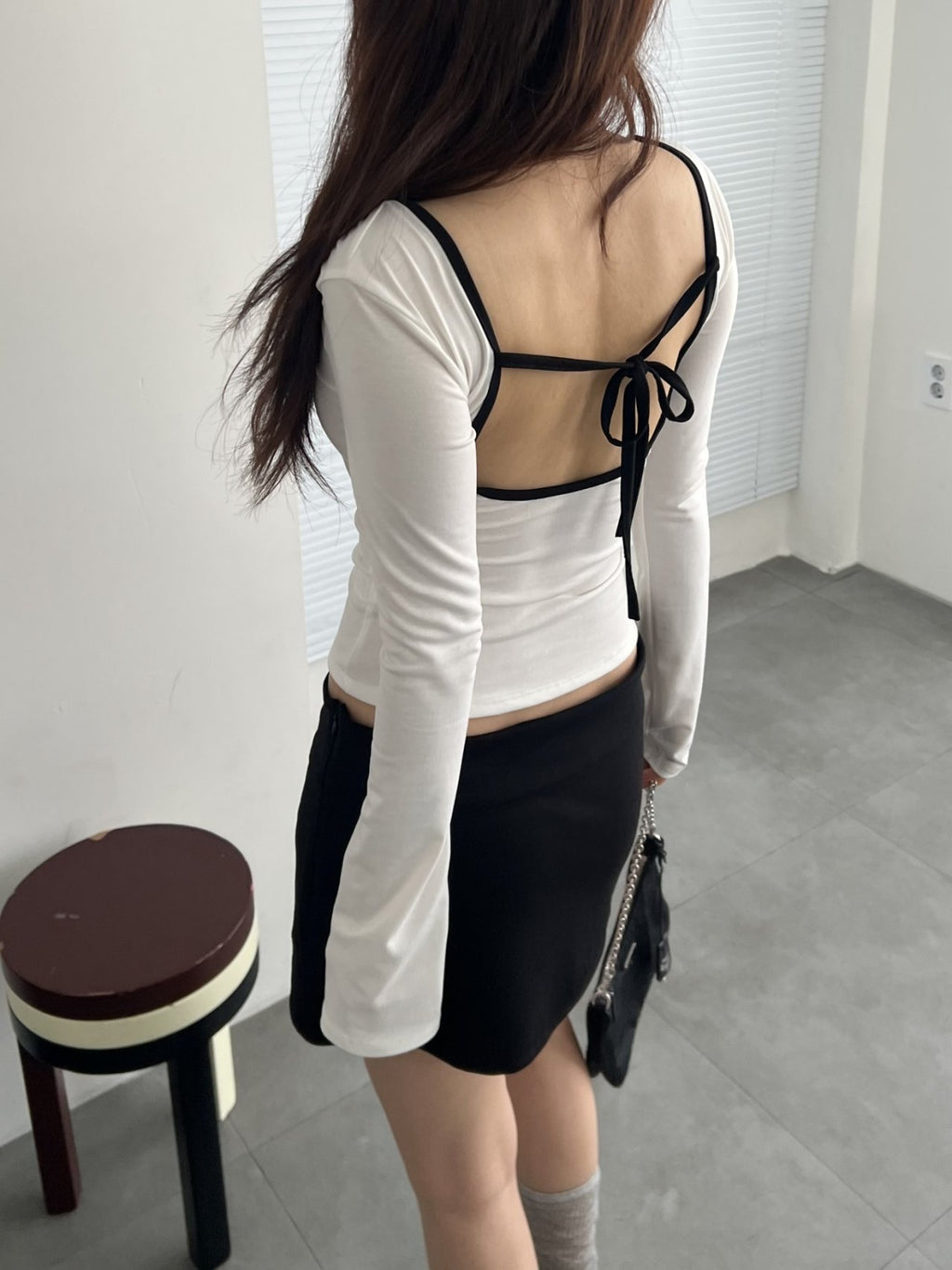 ASKHAKI 77 Number Print Open-Back Cropped Long Sleeve Top