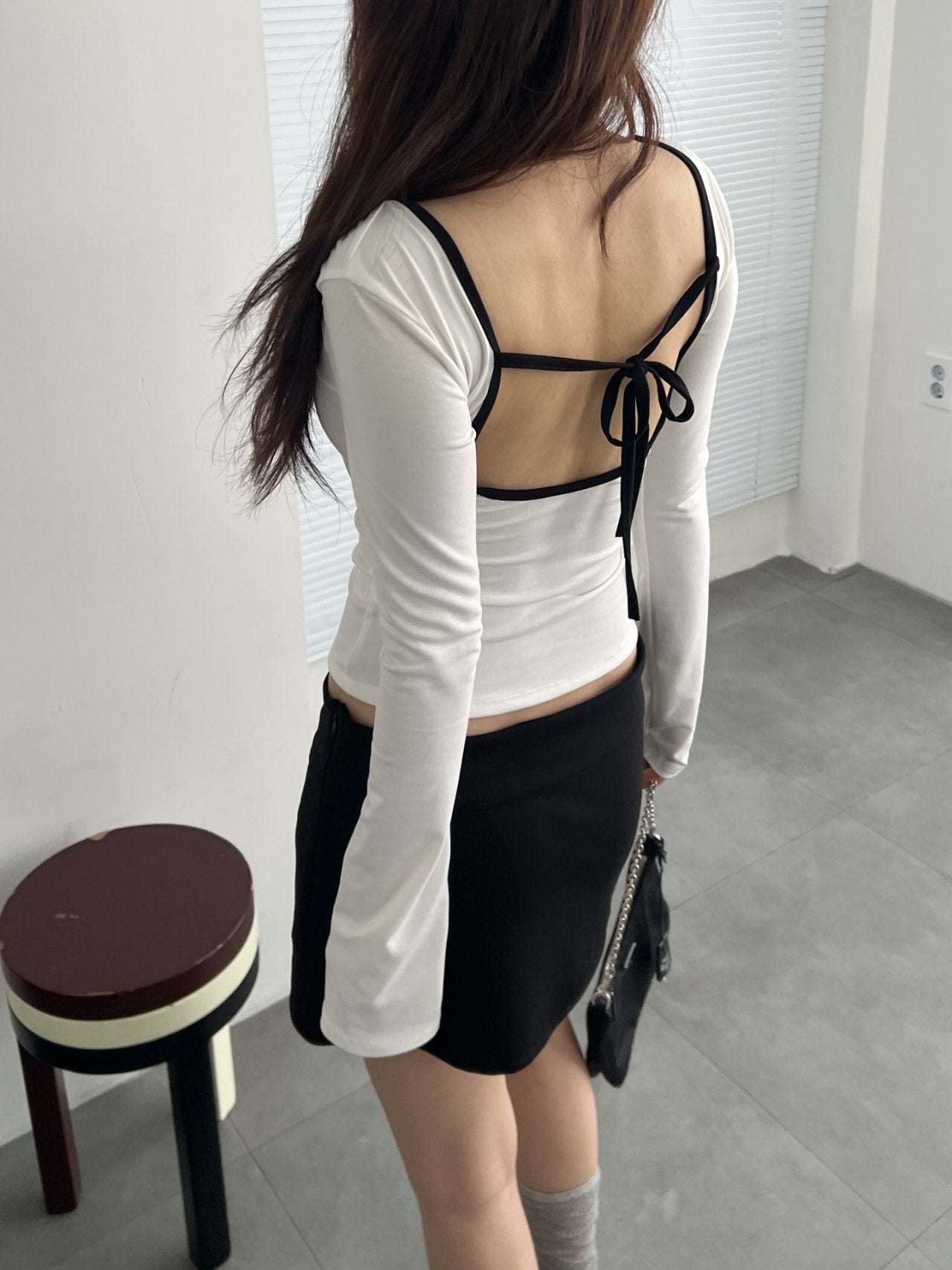 ASKHAKI 77 Number Print Open-Back Cropped Long Sleeve Top