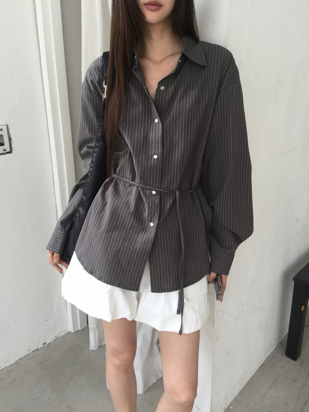 Striped Snap Button Shirt with Belt