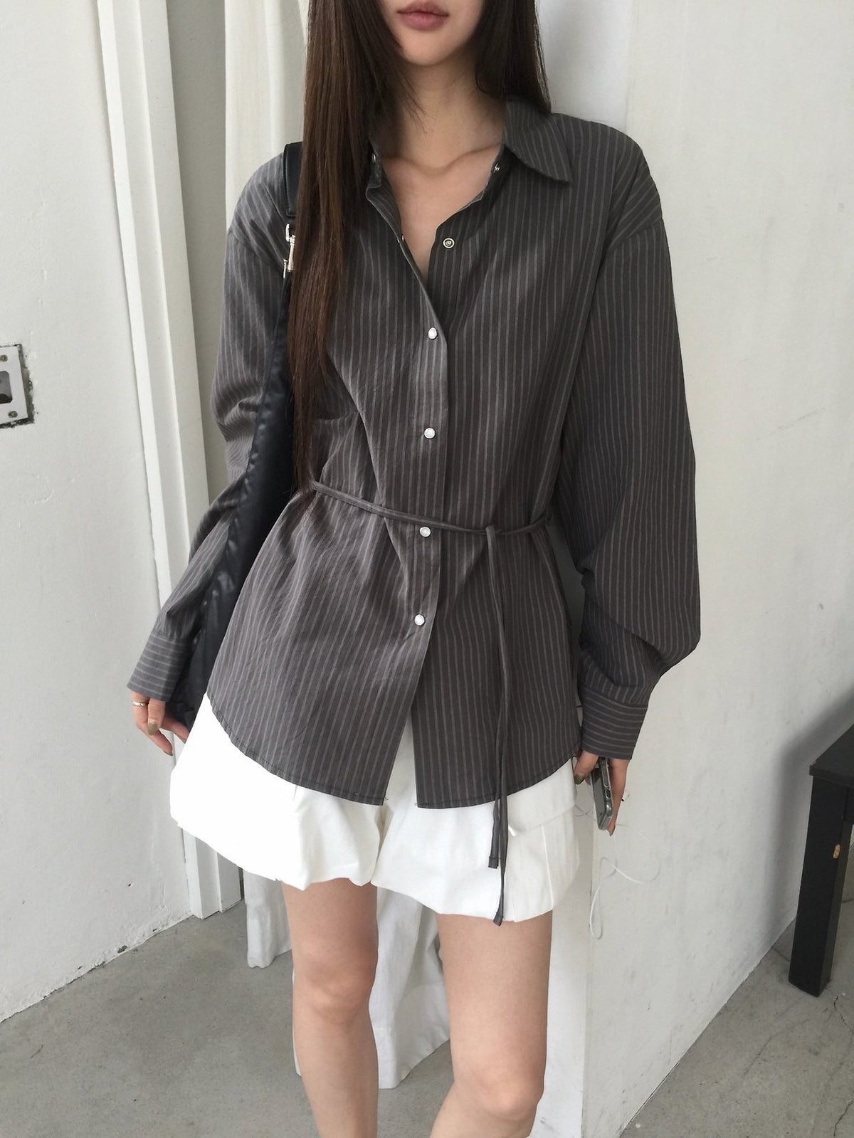 Striped Snap Button Shirt with Belt