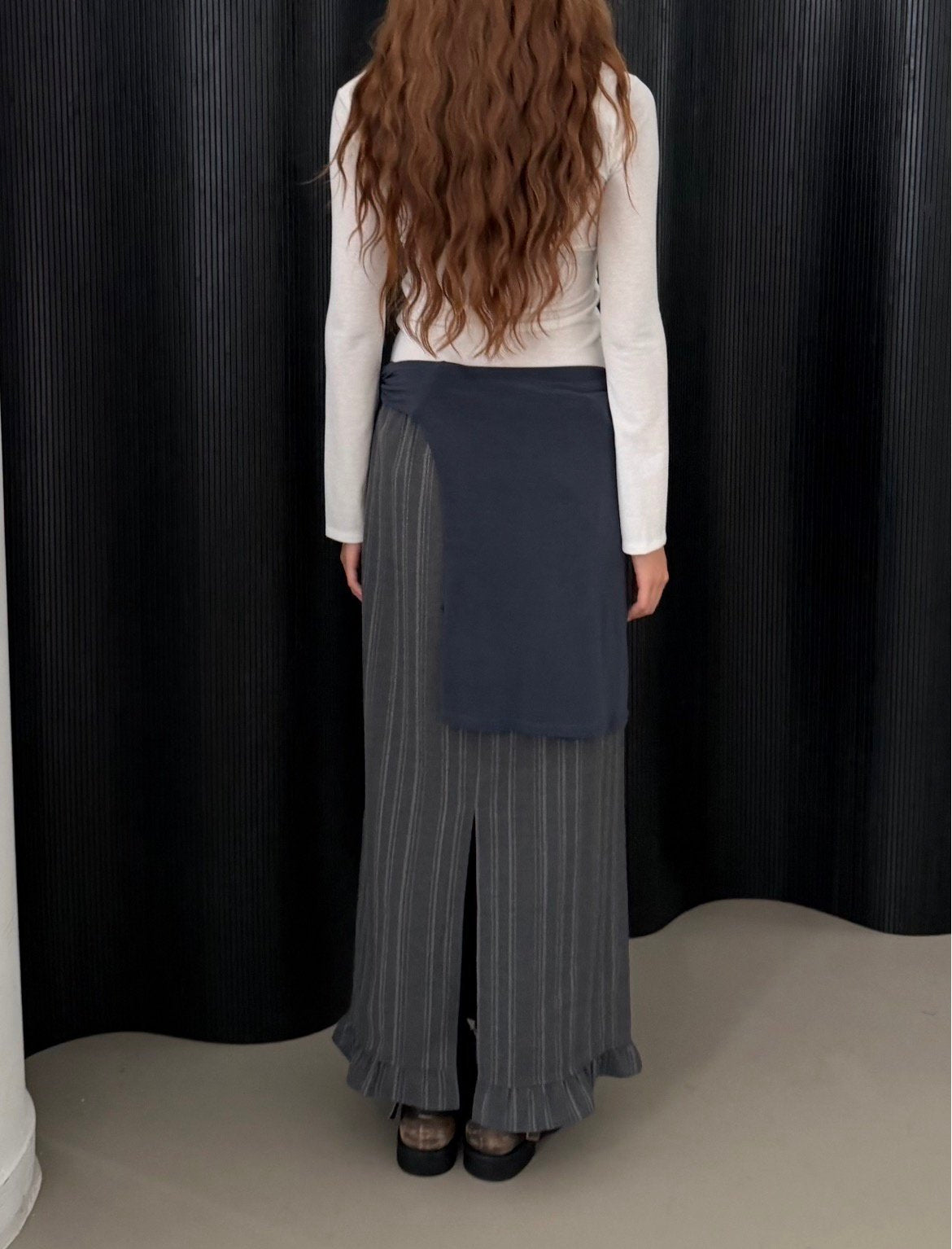 Pinstripe Maxi Skirt with Contrast Waist Band and Ruffle Hem
