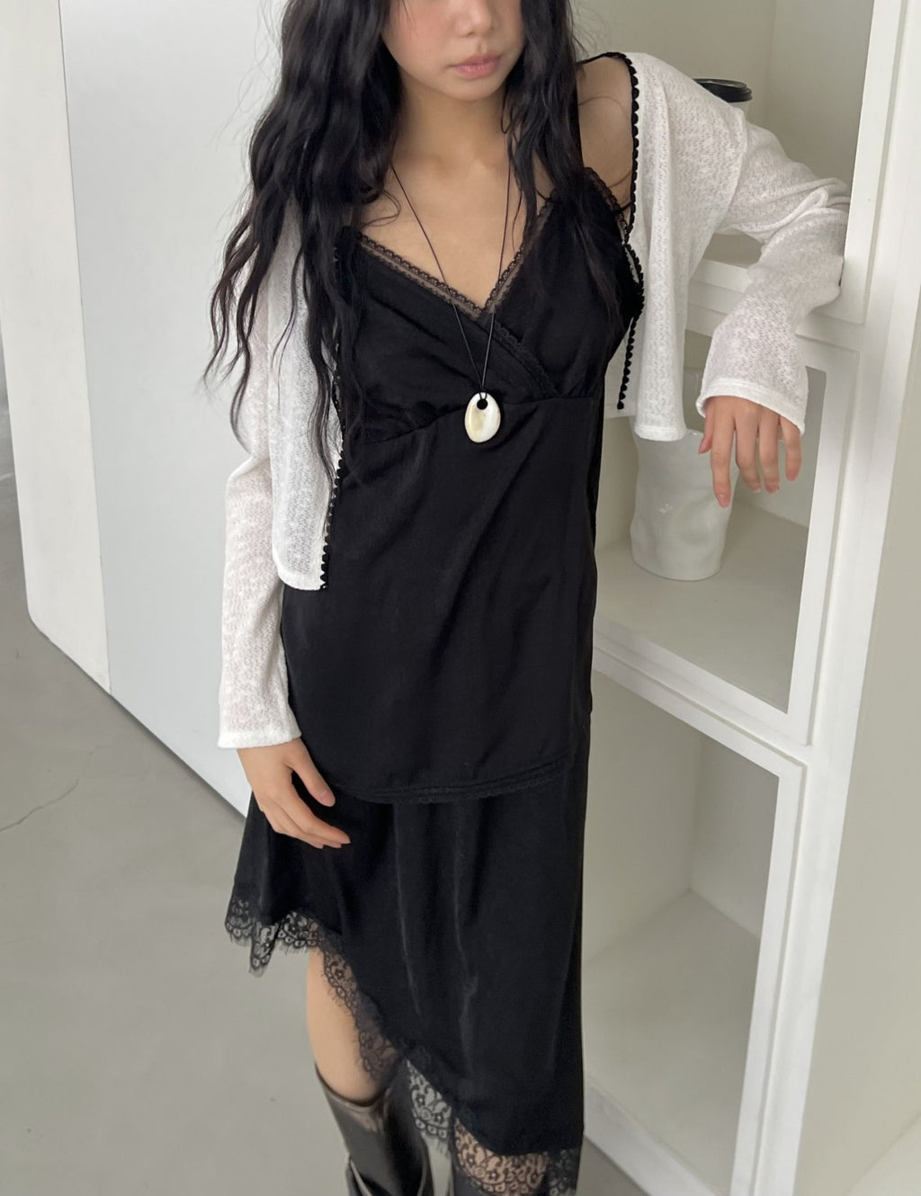 ASKHAKI Lace Trim Slip Blouse & Asymmetric Skirt Set