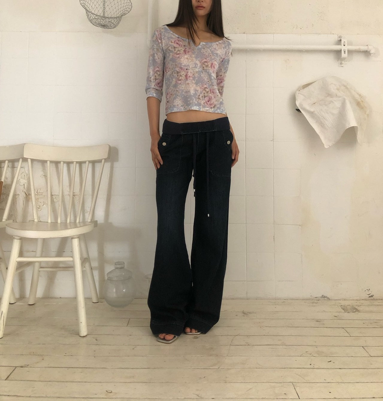 NueFlash Floral Print Notch Neck Three-Quarter Sleeve Crop Top