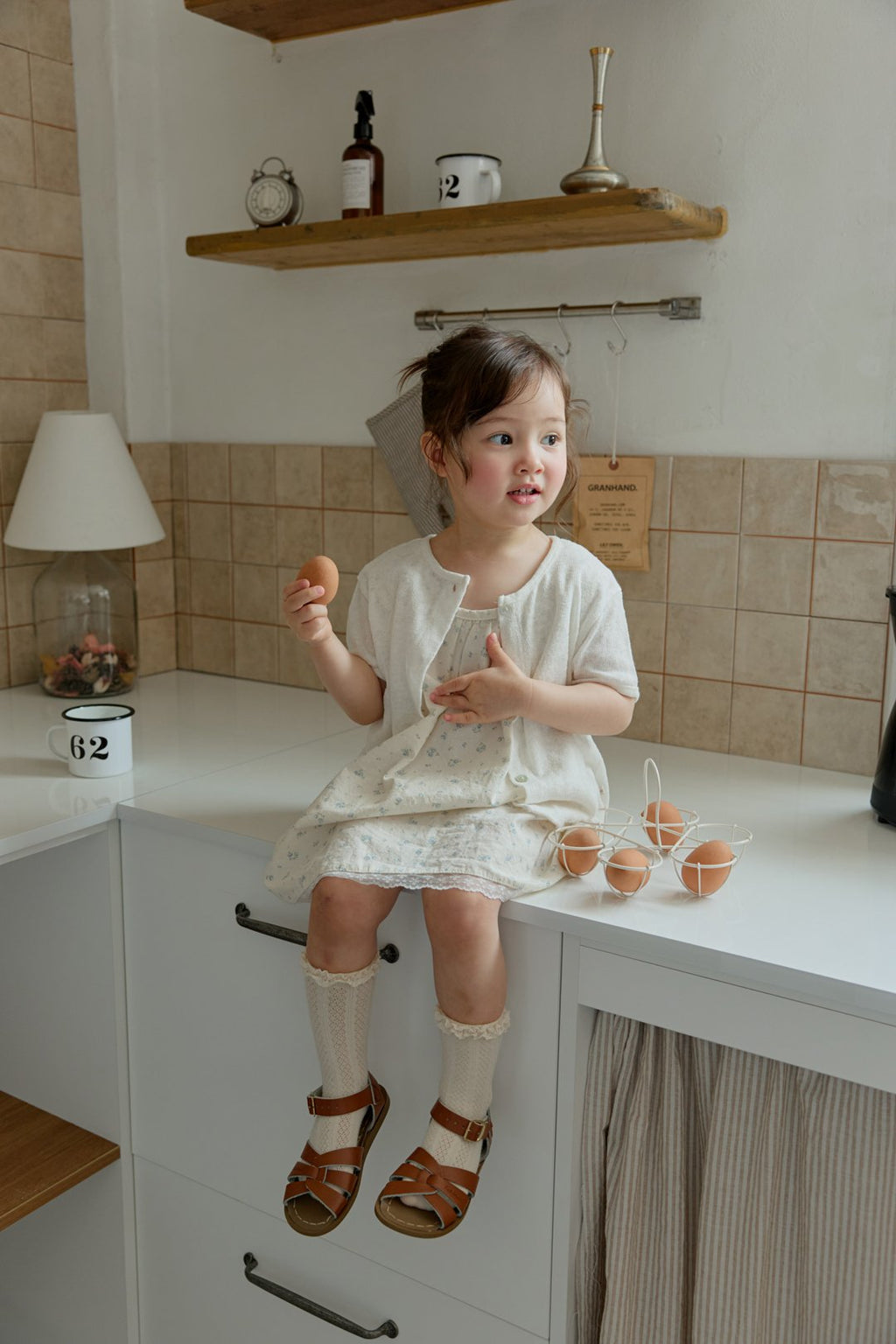 Onu Ditsy Floral Shirred Neck Dress with Lace Hem (+Optional Knit Cardigan)— Kids