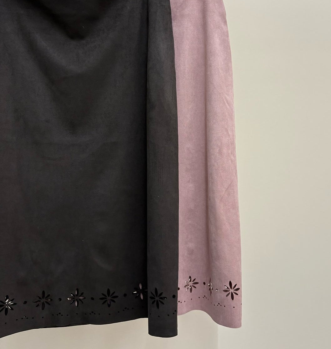 Charcoal floral cutout suede midi skirt styled with layered tops