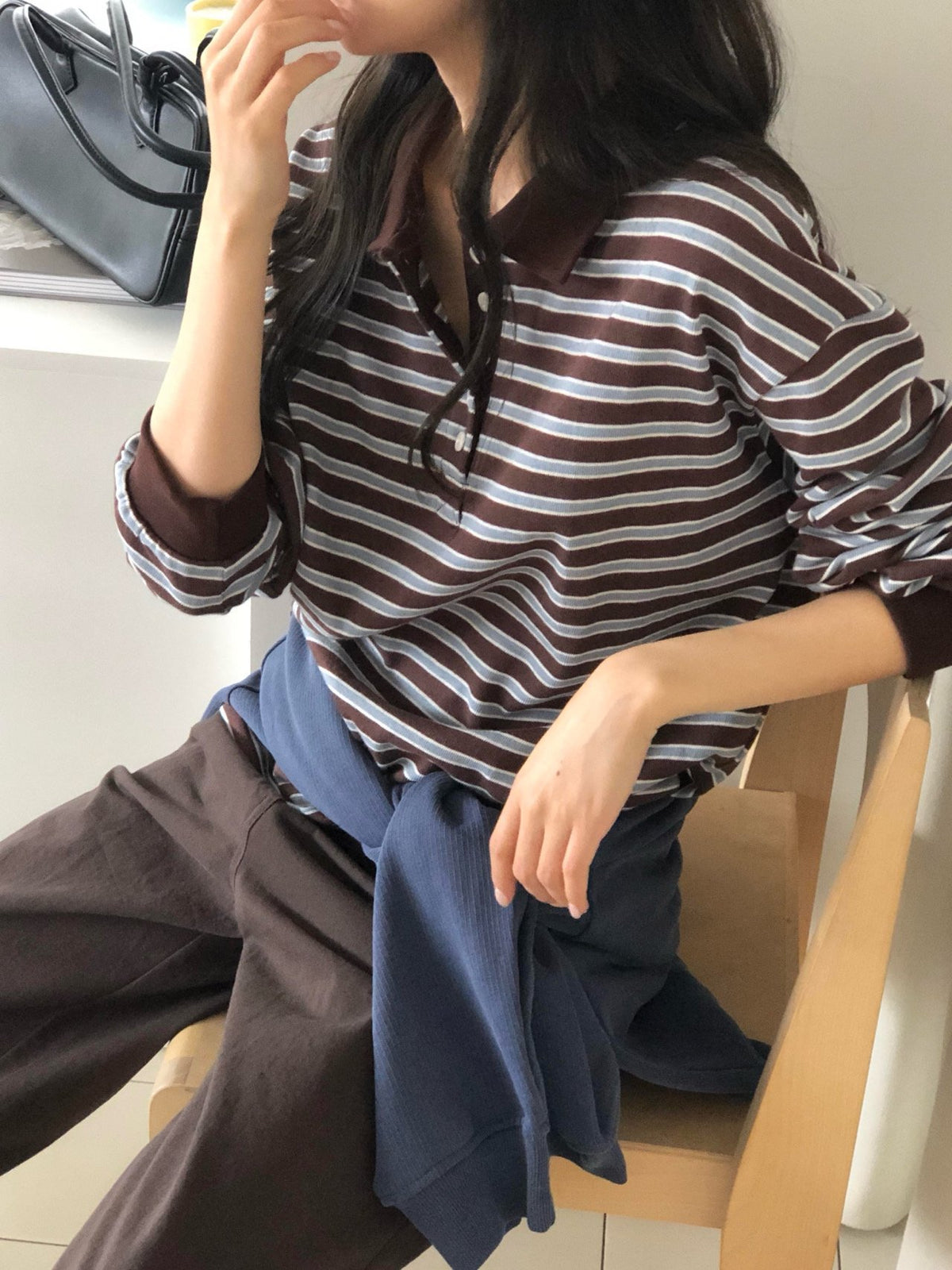 Striped Polo Collar Long Sleeve Tee with Side Slits