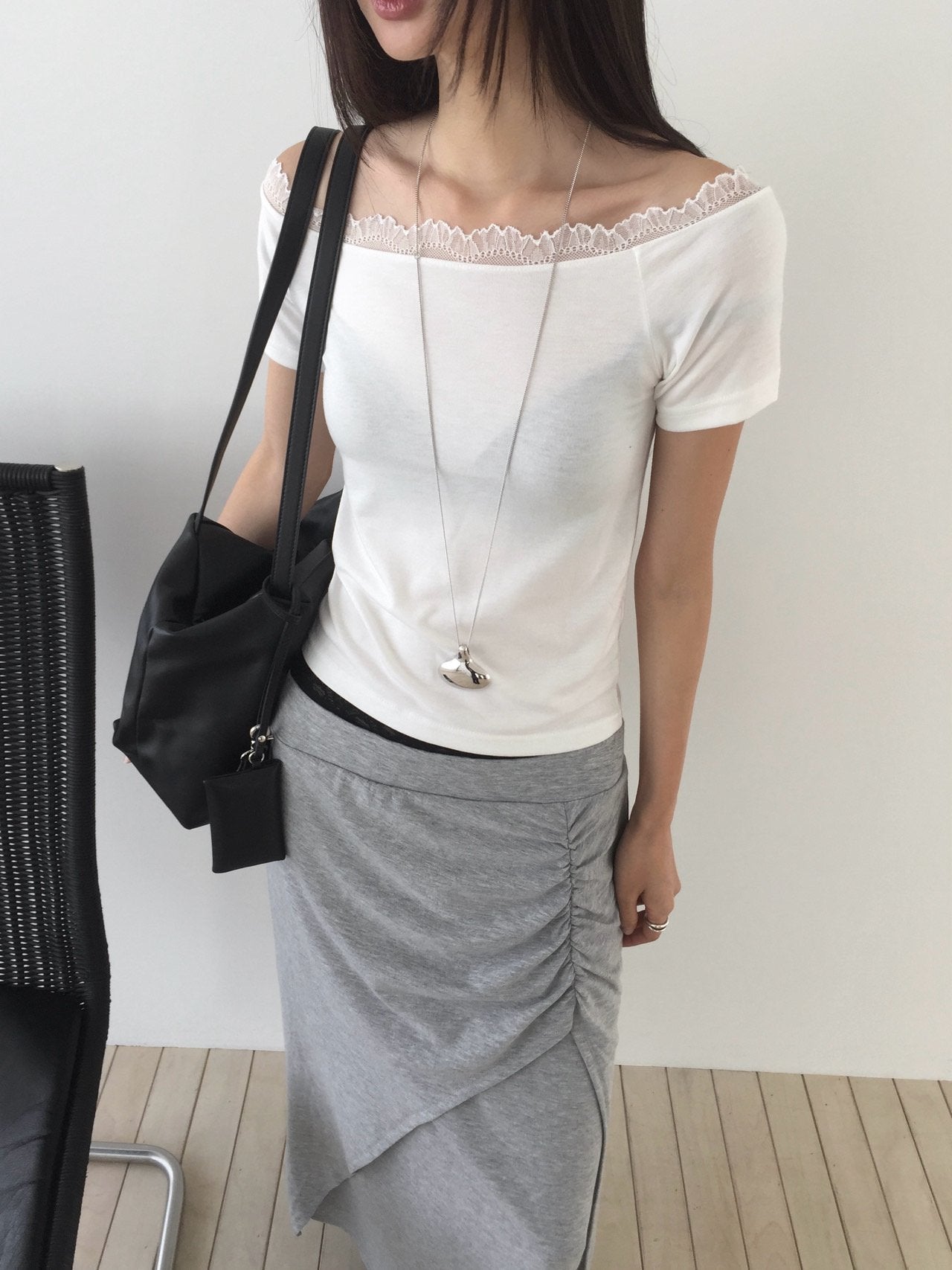 Nweol lace trim off-shoulder top in White, front view standing full length