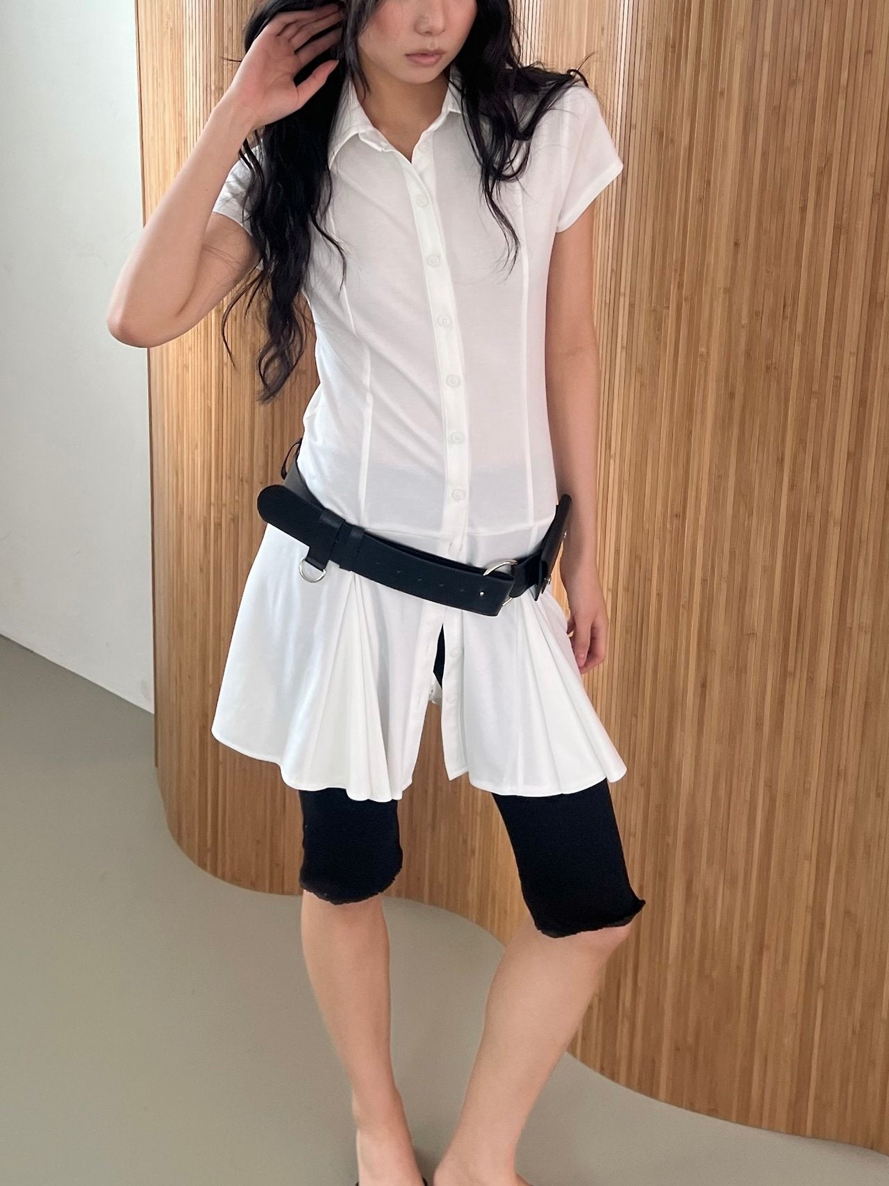 ASKHAKI Shirt Collar Button Front Pleated Flare Mini Dress