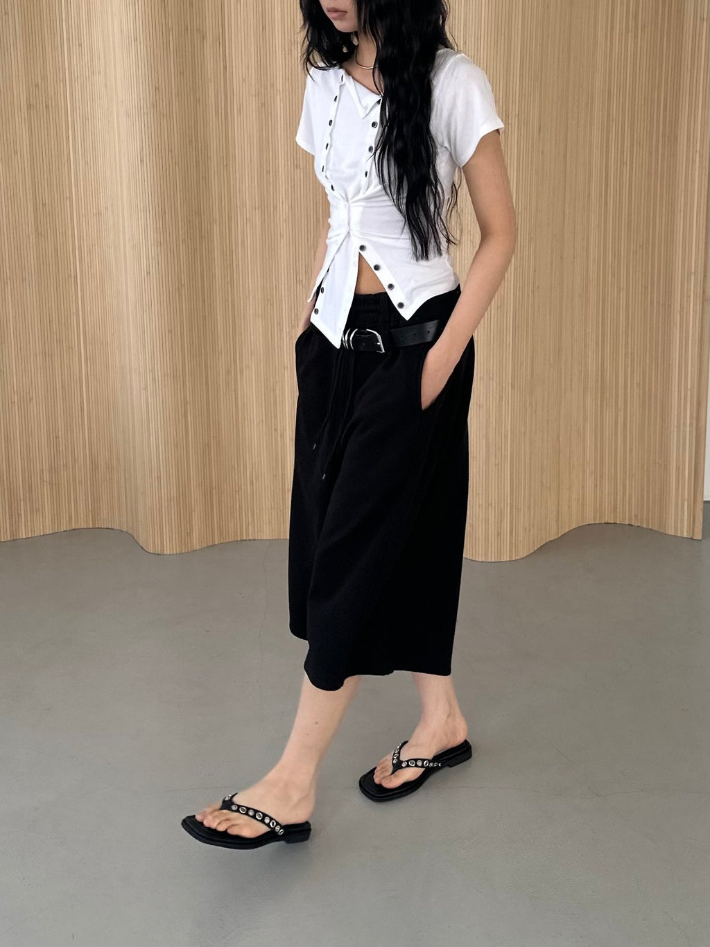 ASKHAKI Double Belt Wide Leg Bermuda Shorts