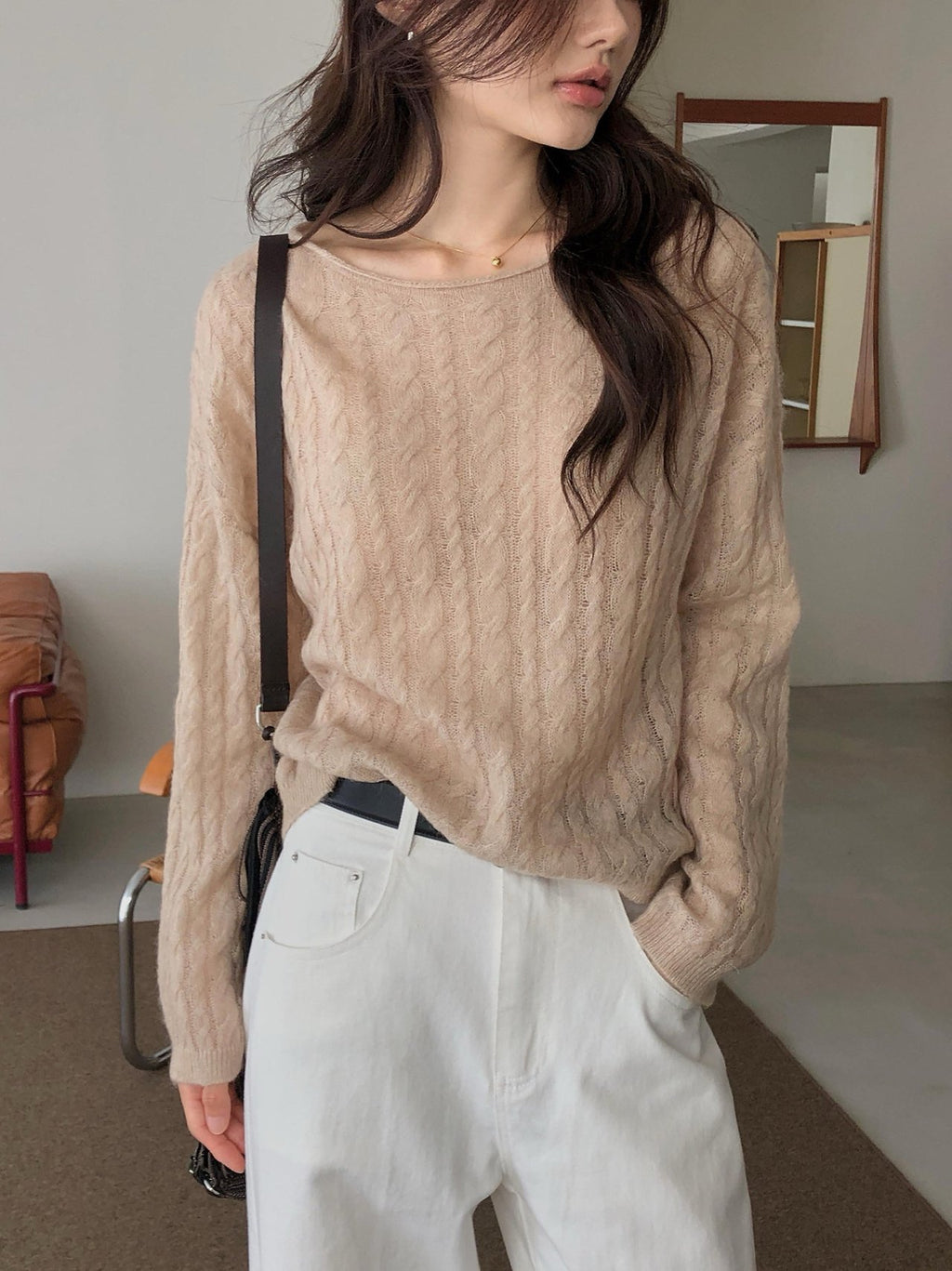 Wide Boat Neck Cable Knit Sweater