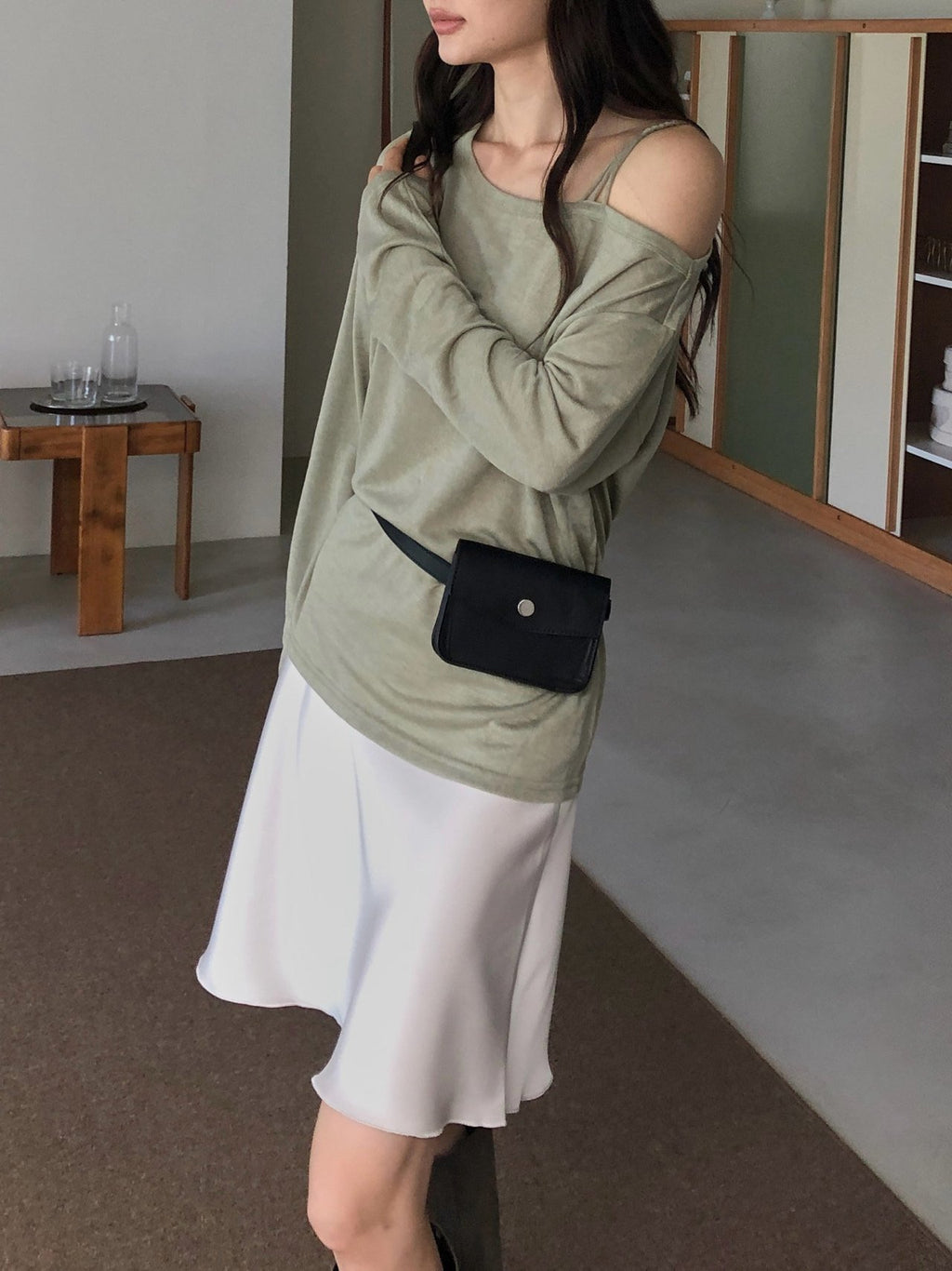 Off Shoulder Strap Detail Long Sleeve Top