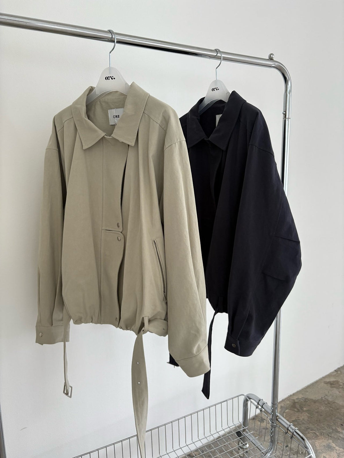 Khaki beige cotton blouson jacket with snap placket and collar