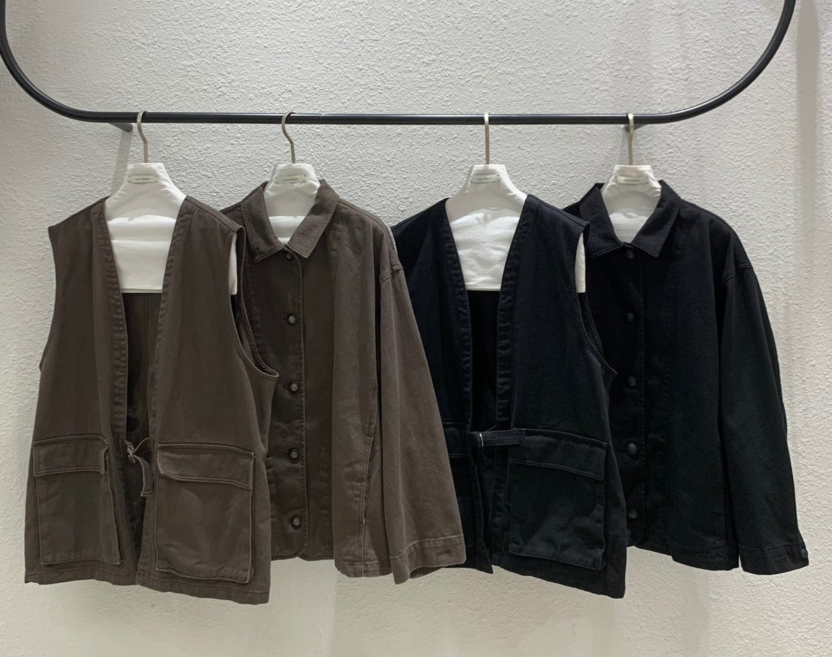 Brown workwear jacket and utility vest full look